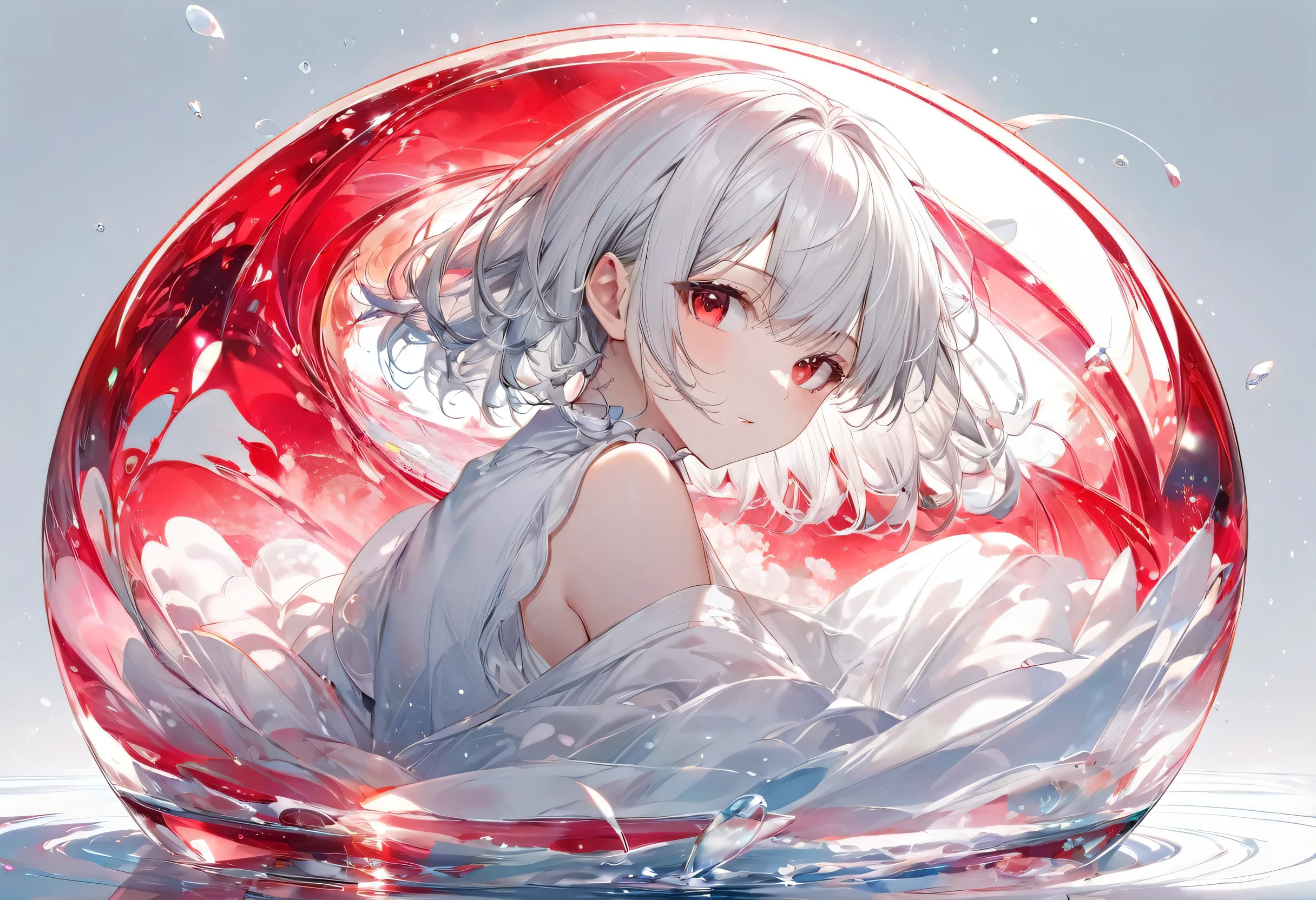 (double exposure:1.3 white-silhouette:1.4) (solo crew cut hair silver hair short:1.4 hairl divine boy, soft red eyes), (in a long exposure:1.4 light:1.6 body), BREAK, (float in the white), (master piece, best quality, 16k).