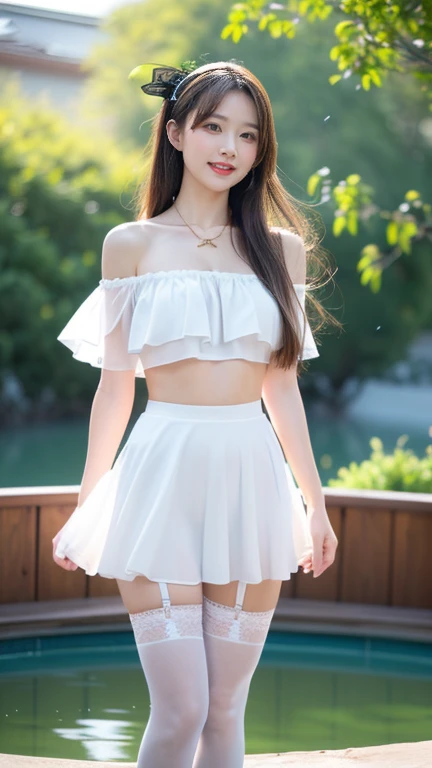 (8K Ultra HD、Digital SLR Camera、Soft Light、high quality、Volumetric Lighting、frank、photo、high resolution、4k、8K、Bokeh,Rich details on the eyes and face,warm color, Very saturated colors,Show a charming smile,Perfect face, Pretty Face,black eyes,cosmetic, necklace, Jewelry,veil,Hair accessories,Create stunning images of real girls, warm light, Dynamic poses, Elegant Posture, Cowboy lens, front看起来自信,Postural dynamics,front,Standing,Open your legs slightly, Hot spring background with heavy rain at night,Golden Ratio Graphics,Minimalism, Skin is transparent and visible), 24-year-old Chinese female martial artist,Mauve,Slightly see-through short-sleeved top,Off-shoulder,White mesh short skirt(High waist,Waist exposed,Levain),brown hair、Gradient hairstyles,Cyberpunk hairstyle,(Sexy,Perfect breast shape、Very detailed breasts,34E cup),(Transparent knee socks、garter、garter、腿部garter)