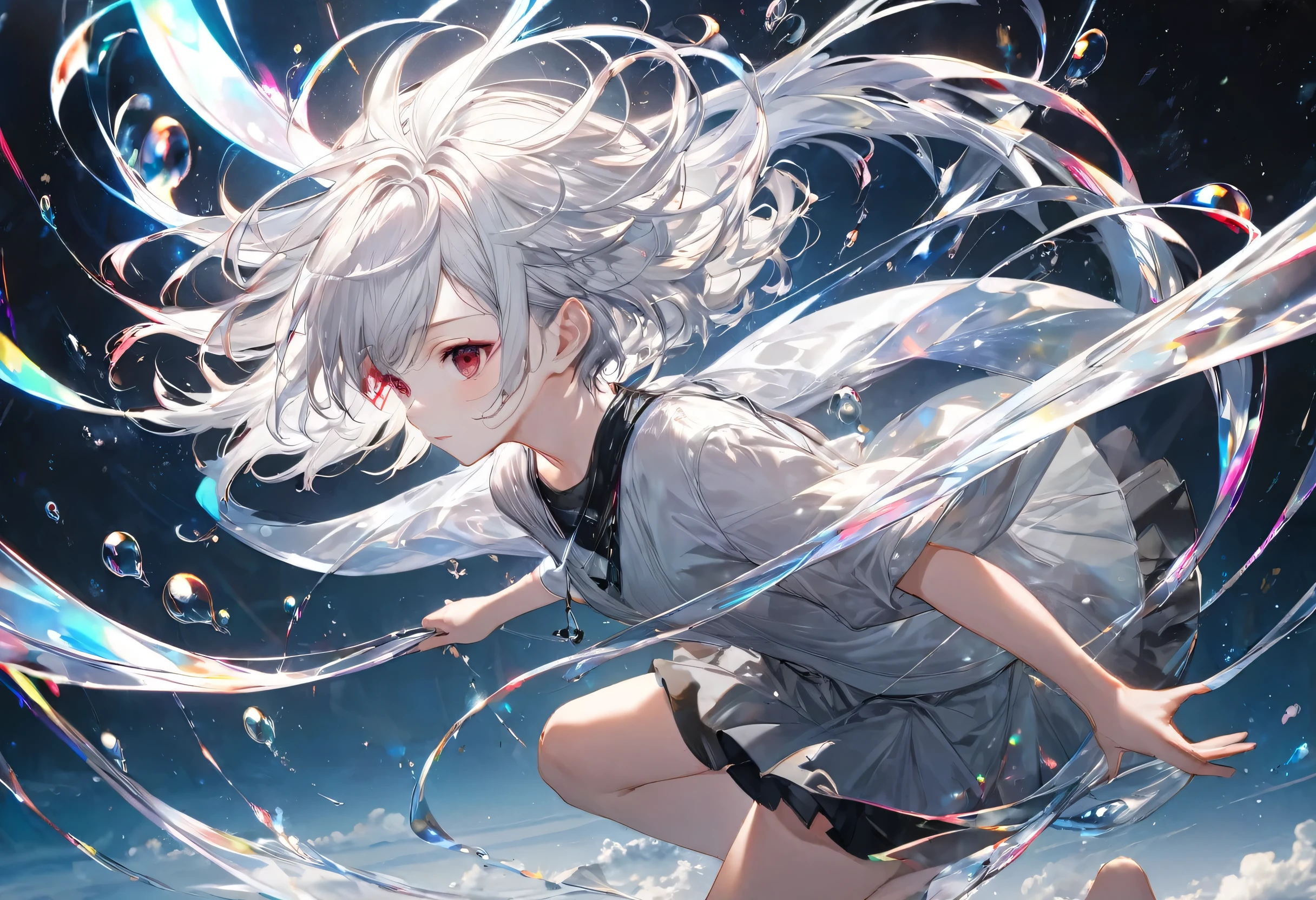 (double exposure:1.3 white-silhouette:1.4) (solo crew cut hair silver hair short:1.4 hairl divine boy, soft red eyes), (in a long exposure:1.4 light:1.6 body), BREAK, (float in the white), (master piece, best quality, 16k).