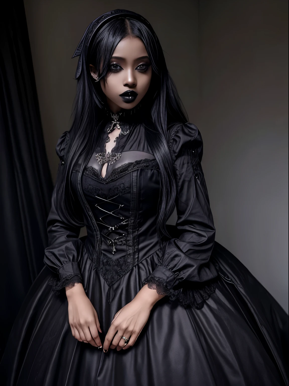 1girl, masterpiece, nigerian, very dark skin, gothic dress, bedroom, goth, goth makeup