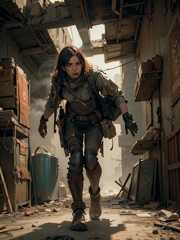 a highly detailed, cinematic scene of a futuristic, post-apocalyptic desert landscape, abandoned and desolate, with rusted and dilapidated buildings, crumbling infrastructure, and a vast, unforgiving sky, in tattered combat gear with a cyberpunk-inspired weapon, dynamic lighting, dramatic shadows, gritty, weathered textures, muted color palette, cinematic composition, volumetric lighting, atmospheric haze, (best quality,4k,8k,highres,masterpiece:1.2),ultra-detailed,(realistic,photorealistic,photo-realistic:1.37),concept art, sci-fi, dystopian, hyperrealistic