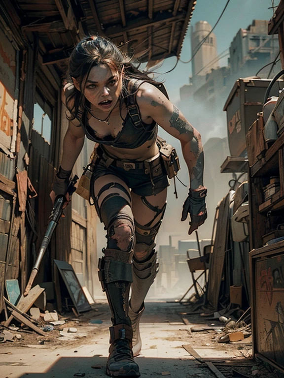 a highly detailed, cinematic scene of a futuristic, post-apocalyptic desert landscape, abandoned and desolate, with rusted and dilapidated buildings, crumbling infrastructure, and a vast, unforgiving sky, in tattered combat gear with a cyberpunk-inspired weapon, dynamic lighting, dramatic shadows, gritty, weathered textures, muted color palette, cinematic composition, volumetric lighting, atmospheric haze, (best quality,4k,8k,highres,masterpiece:1.2),ultra-detailed,(realistic,photorealistic,photo-realistic:1.37),concept art, sci-fi, dystopian, hyperrealistic
