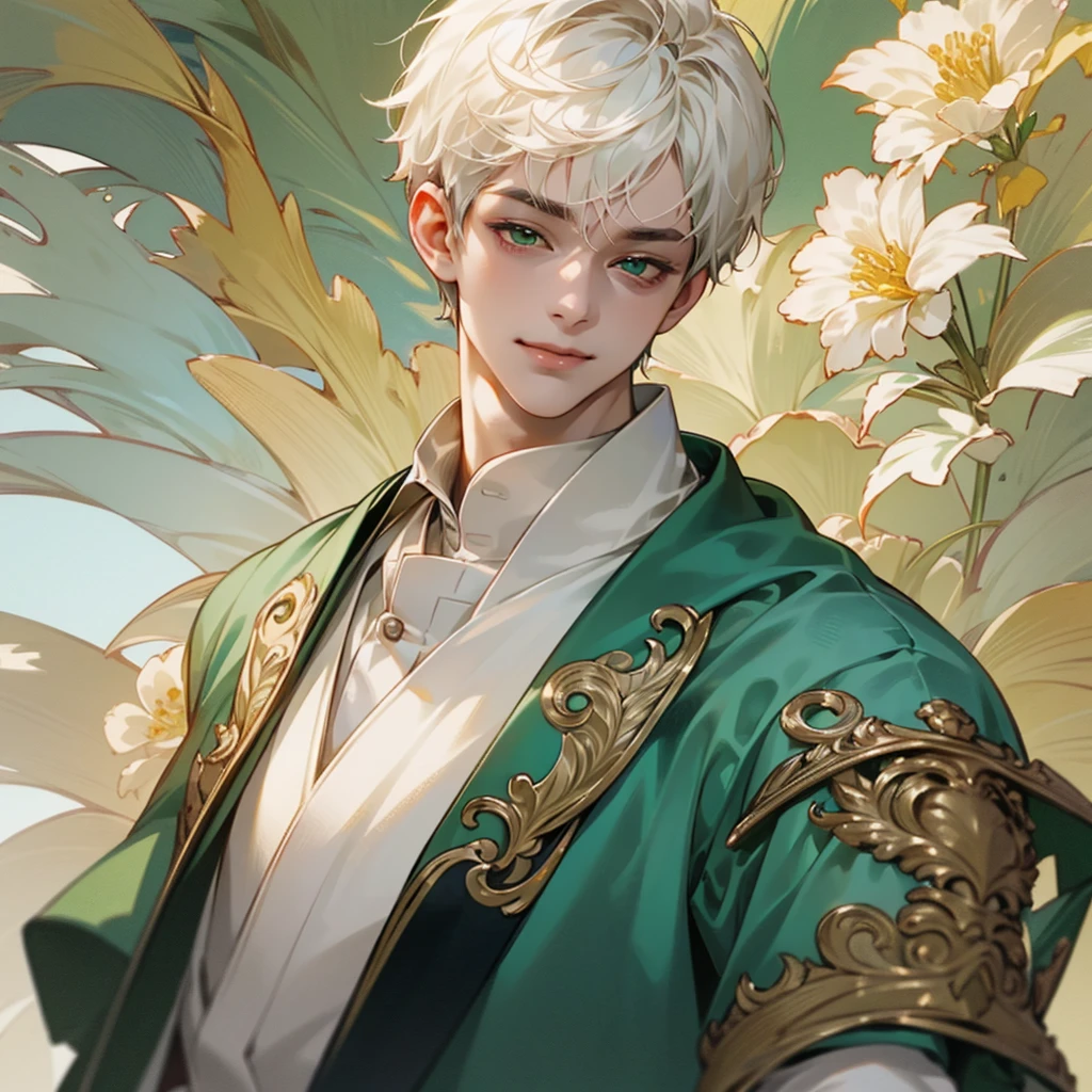 high quality, detailed,
young man , 4K UHD, super detail, best quality, detailed eyes, masterpiece, young ,21years old ,white short hair ,green beautifull eyes,sweet smile ,quiet expression,beautiful smile,cute outfit