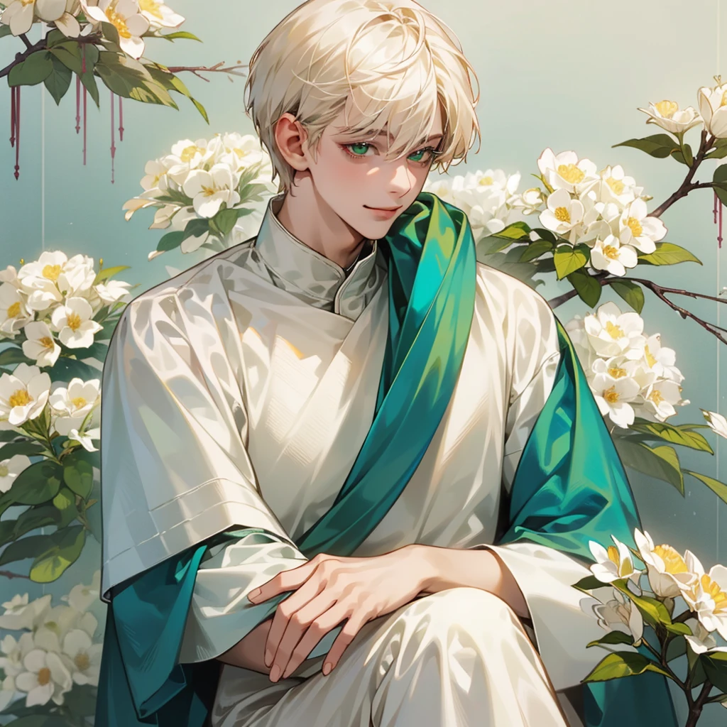 high quality, detailed,
young man , 4K UHD, super detail, best quality, detailed eyes, masterpiece, young ,21years old ,white short hair ,green beautifull eyes,sweet smile ,quiet expression,beautiful smile,cute outfit