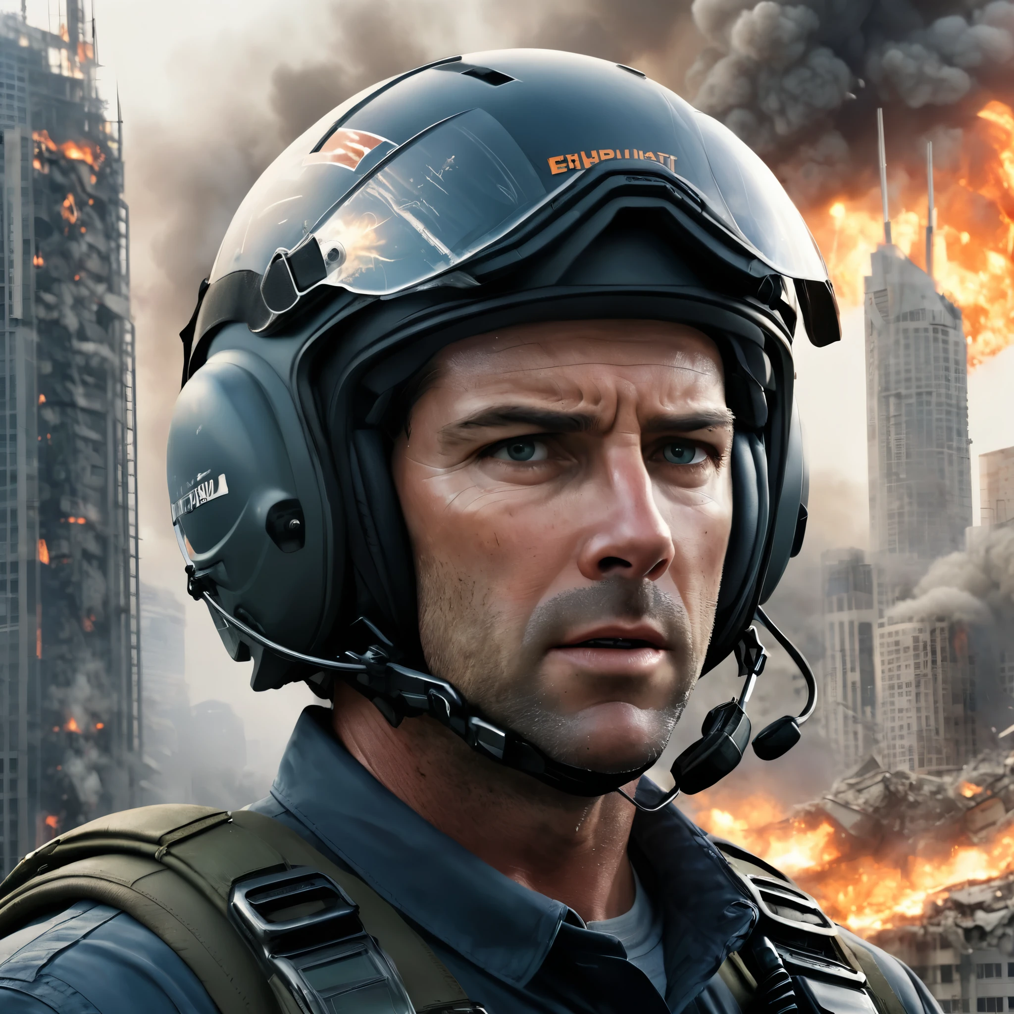 a cinematic scene featuring a close-up of a determined male helicopter pilot with a rugged appearance, wearing a helmet with a visor and a communication headset. The pilot's intense gaze is directed forward, showing a sense of urgency and focus. In the background, depict a sprawling, modern city experiencing a catastrophic earthquake. Skyscrapers are collapsing, large fissures are opening in the ground, and fires are breaking out across the cityscape. The sky is a mix of smoke, fire, and a setting sun, casting an ominous glow over the destruction. The overall mood should be dramatic and intense, highlighting both the personal resolve of the pilot and the widespread devastation.