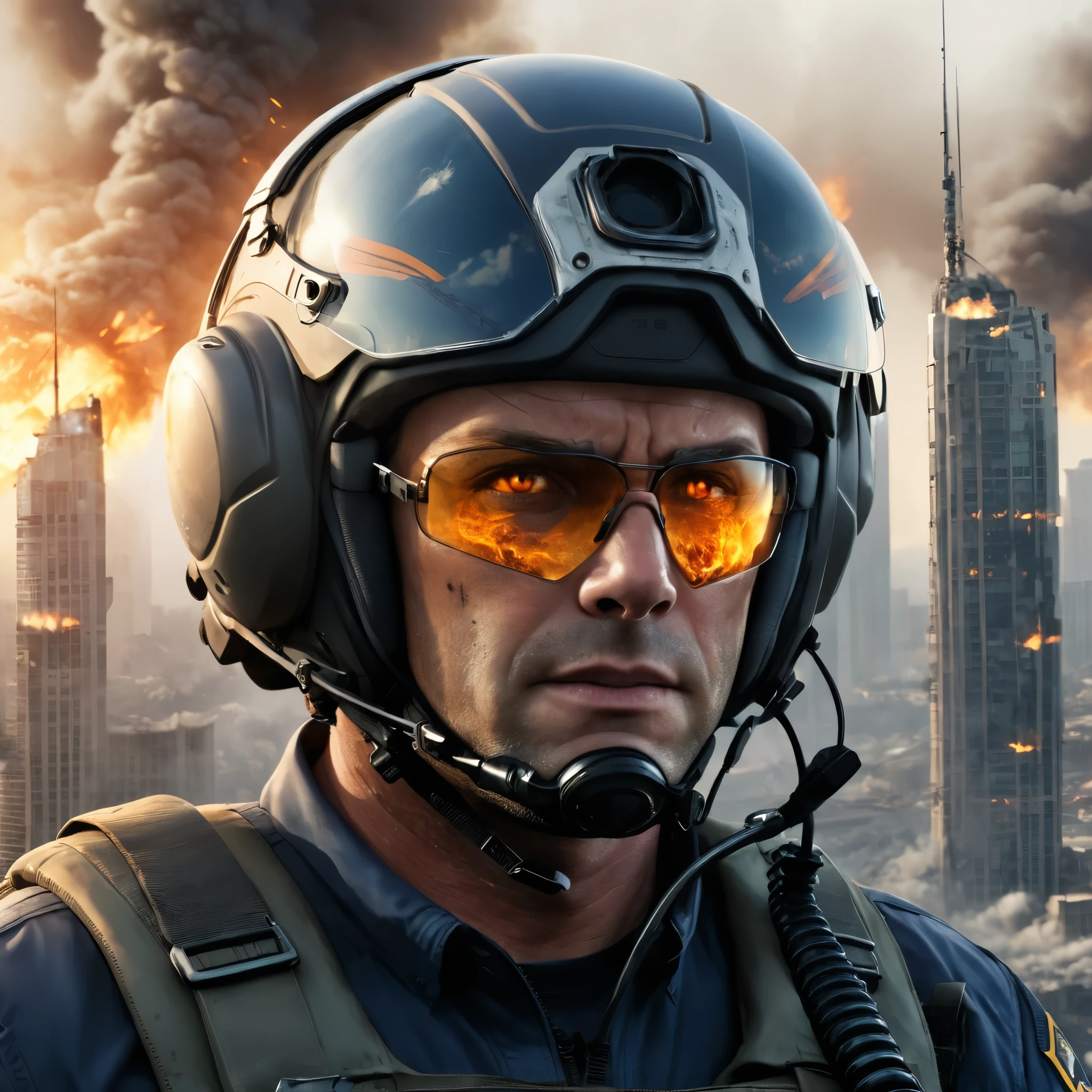 a cinematic scene featuring a close-up of a determined male helicopter pilot with a rugged appearance, wearing a helmet with a visor and a communication headset. The pilot's intense gaze is directed forward, showing a sense of urgency and focus. In the background, depict a sprawling, modern city experiencing a catastrophic earthquake. Skyscrapers are collapsing, large fissures are opening in the ground, and fires are breaking out across the cityscape. The sky is a mix of smoke, fire, and a setting sun, casting an ominous glow over the destruction. The overall mood should be dramatic and intense, highlighting both the personal resolve of the pilot and the widespread devastation.