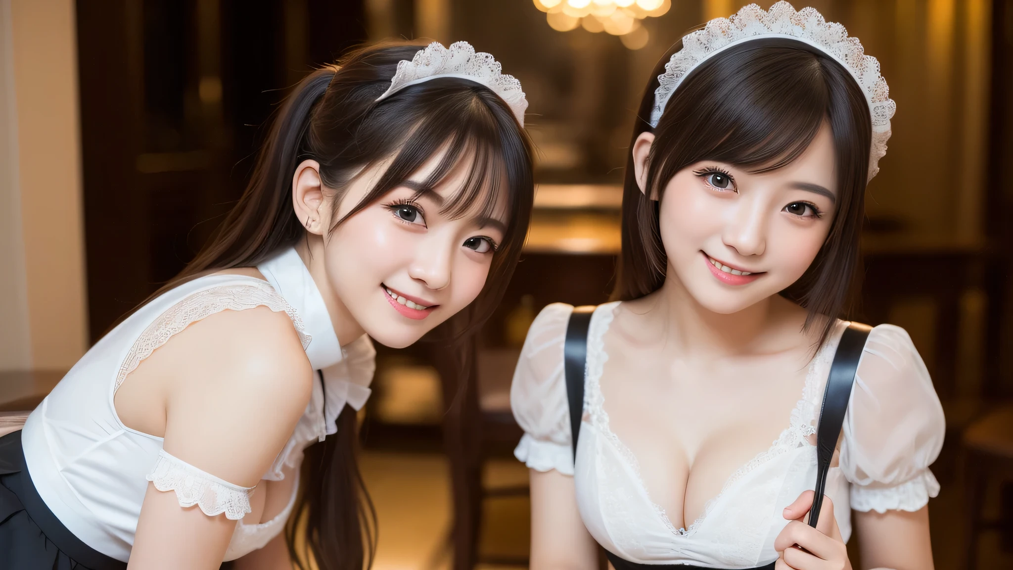 kawaii face, (2girl), (cute smile:1.2), (Gorgeous lace maid costume, lace decoration:1.4), (costume with frills, mini skirt), cleavage, (best Quality:1.4), (hyper-realistic, hight resolution), Professional Photography, standing, Indoor, (maid cafe), Close up portrait of girl, staring at me, (Fine face:1.2),