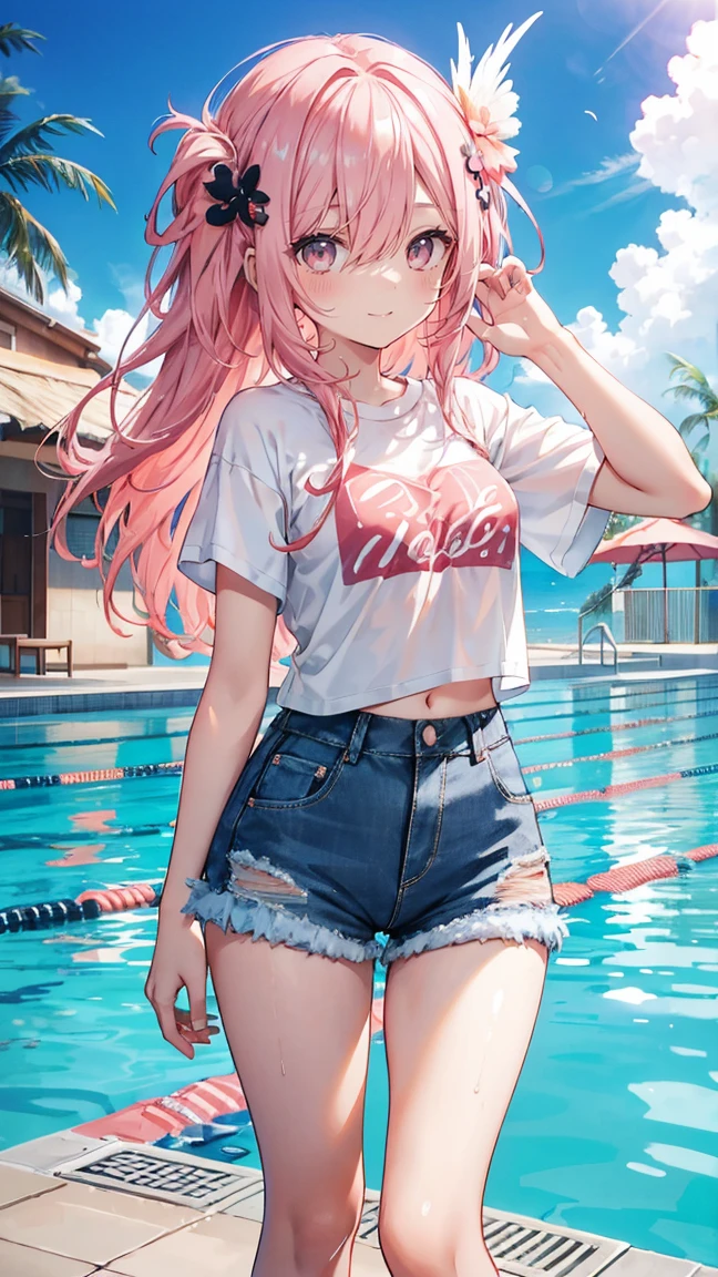 Dynamic angles,(Full body:0.9),
joyful pose,Light Smile,blush,play in the water,one eye closed,:>,Long hair,Glowing eyes,Denim shorts,
water reflection,(floating water drop),(blurry foreground),(blue sky),Lens Flare, (splashed water),Sunshine(splashed water),Sunshine(((masterpiece))),((ultra- detailed,Best Quality, with high resolution, 8k wallpaper, ))(1 girl)((Pink hair, Long hair,Straight hair,two side up)) (Green eyes),eyeshadow, Eyeliner,Glow Eyes, hyper detailed eyes, intricate eyes, Beautiful eyes, ((Glowing pink pupils))18-year-old girl.small breasts