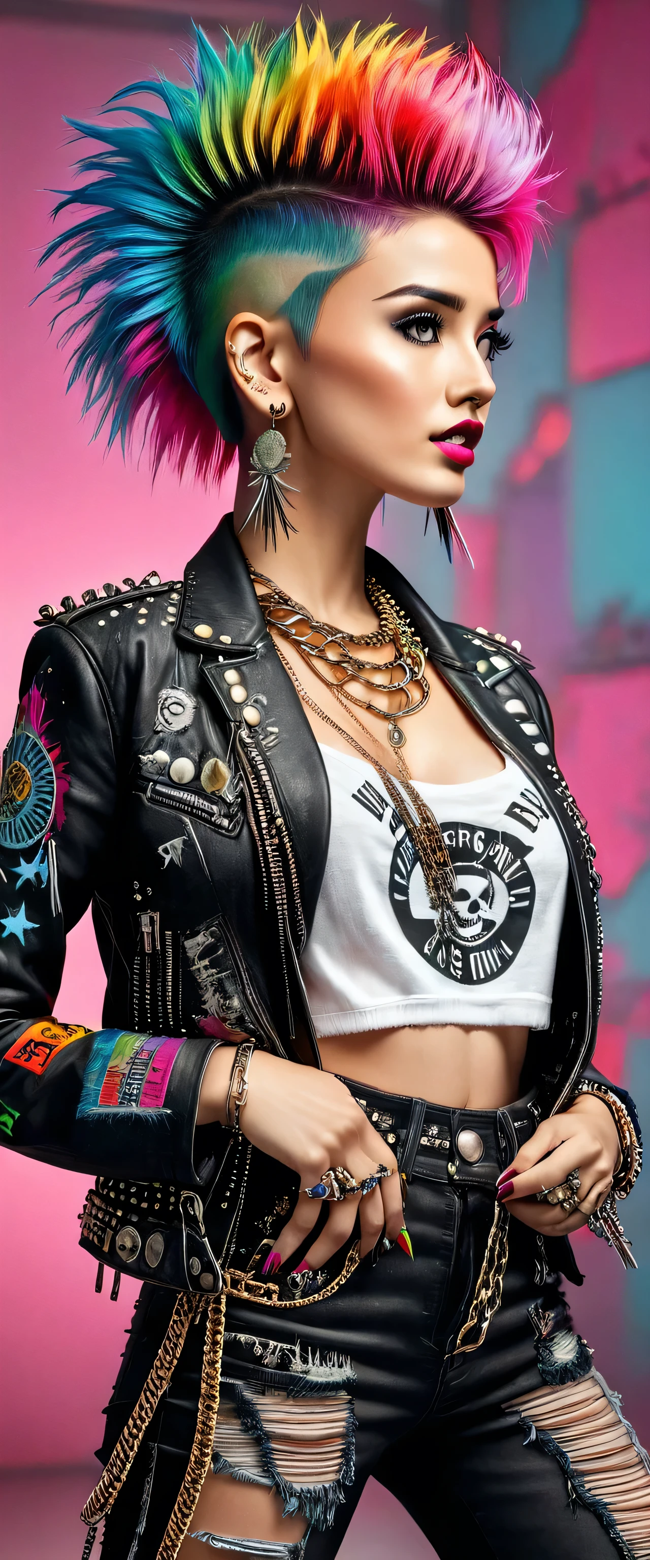 Model Girl, Professional:1.6, (最high quality, 4K, 8k, High resolution, masterpiece:1.2),Ultra-detailed, Realist, Punk Style, fashion punk, ((Upper body portrait)), Spiked clothing, Chain Accessories, Rebel pose, Mohawk Alto, Rainbow Hair, flashy, Nervous background, Studio Lighting, Dynamic pose and elegant､masterpiece, 最high quality, high quality, High resolution, (((Upper body portrait)))､Super big 