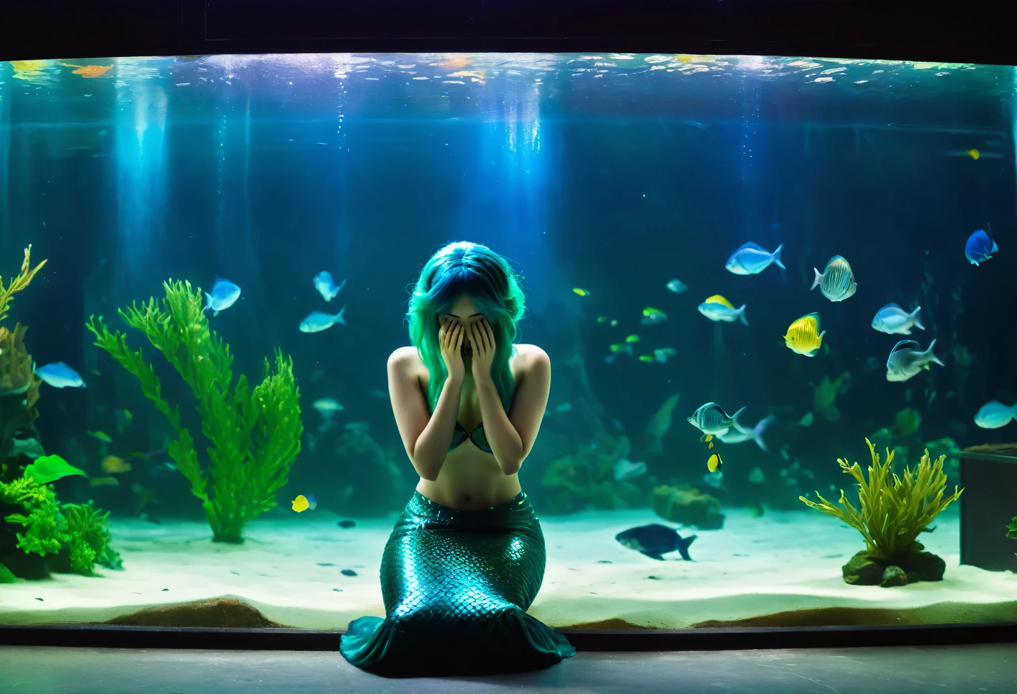 panorama，fullbody shot:2, a mermaid with green hair, crying with her face covered in her hands, in a huge aquarium in the street, mysterious and attractive, dominated by dark green and blue, onlookers with camera flashing,