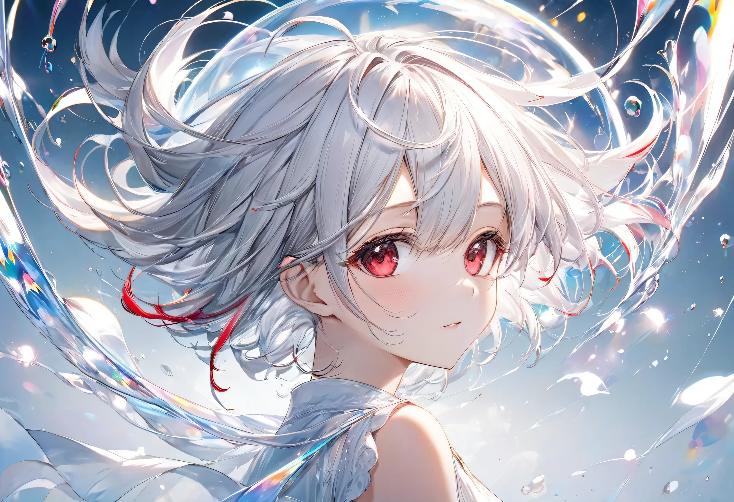 (double exposure:1.2 white-silhouette:1.4) (solo crew cut hair silver hair short:1.4 hairl divine boy, soft red eyes), (in a long exposure:1.4 light:1.4 body), BREAK, (float in the white), (master piece, best quality, 16k).