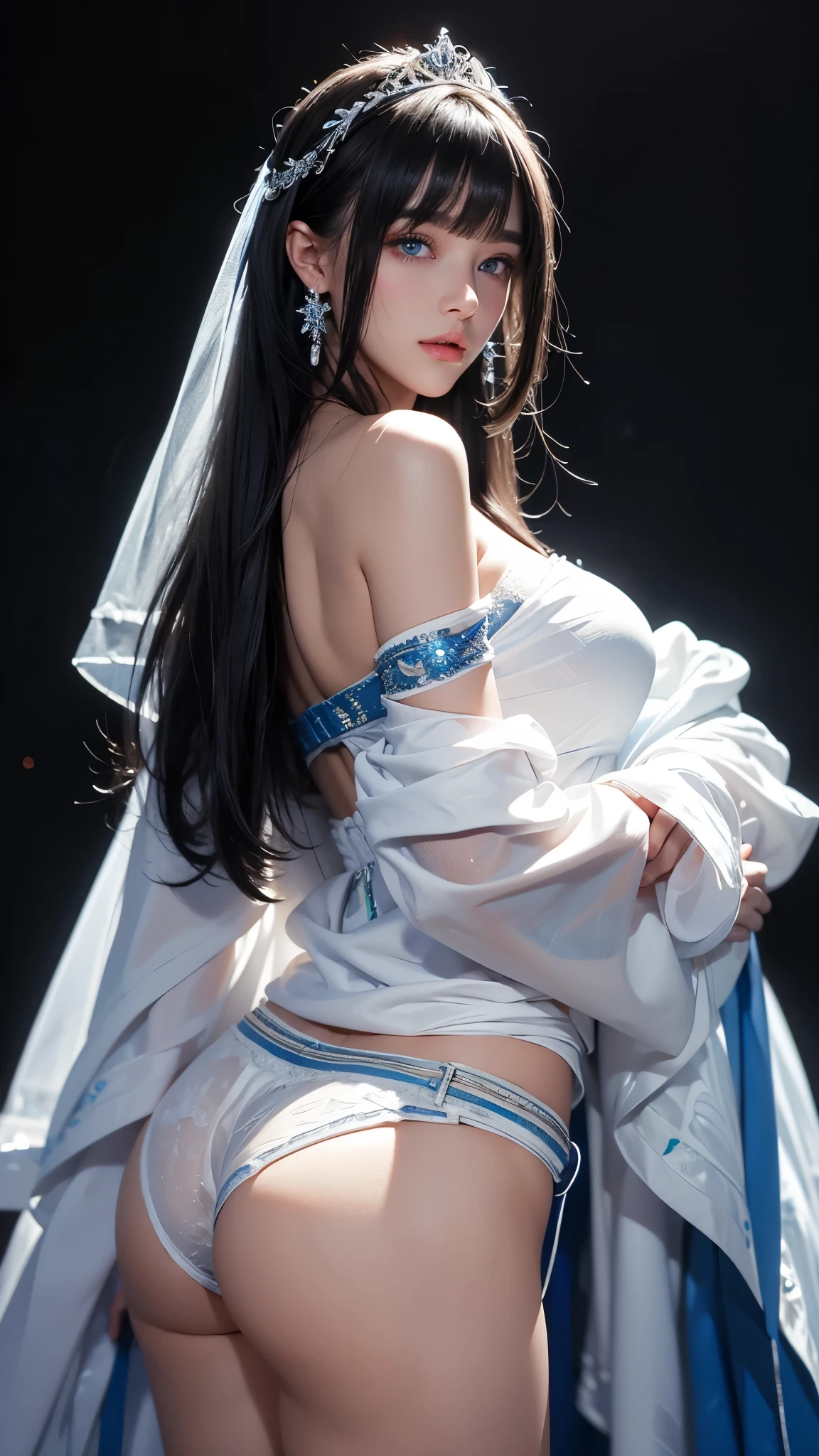 masterpiece, highest quality, Super detailed, Facing the camera, 複雑に詳細なSuper detailed, Realistic, Sharp features, Very detailed, Sharp focus, Perfect Face, Perfect Face, Perfect symmetrical perfect eyes, Perfect Plump Lips, Flexible female form, Cinematic, Film Light, Super detailed, hyper Realistic, masterpiece, Atmospheric, High resolution, Vibrant, Dynamic Studio Lighting, ((Dark Background)), The expression when enduring pleasure, Straight bangs, blue eyes,Cowboy Shot,Sexually aroused expression、A white off-the-shoulder wedding dress with a wide open back and a little bit of her buttocks showing、Her black thong shorts are visible through the fabric、tiara、Buckshot、Small breasts