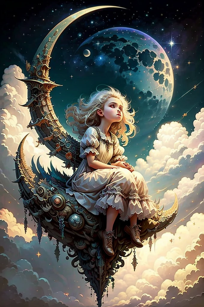 (Girl), Charm, White short dress, Dragon, cute, (sitting moon), moon, performer, cloud, masterpiece, highest quality,  (masterpiece,highest quality:1.5)