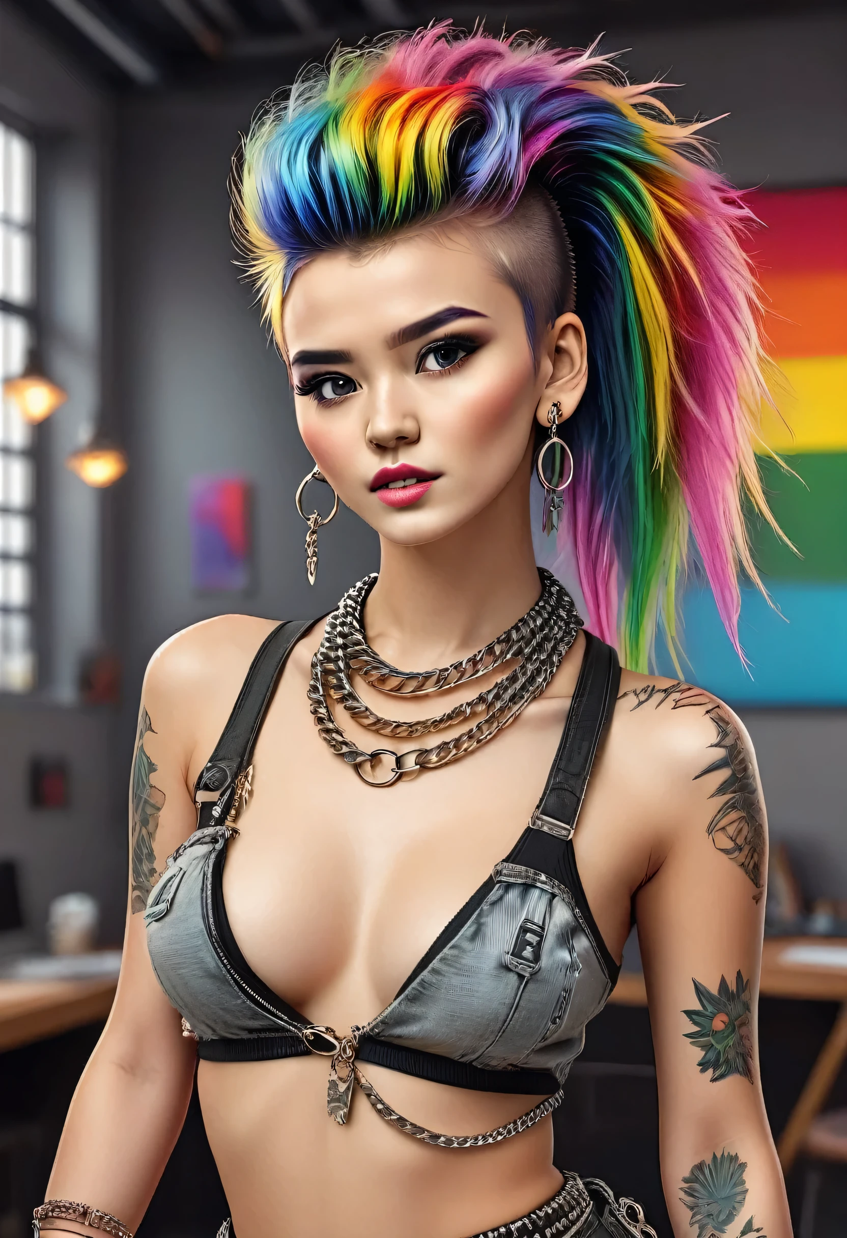 Model Girl, Professional:1.6, (最high quality, 4K, 8k, High resolution, masterpiece:1.2),Ultra-detailed, Realist, Punk Style, fashion punk, ((Upper body portrait)), Spiked clothing, Chain Accessories, Rebel pose, Mohawk Alto, Rainbow Hair, flashy, Nervous background, Studio Lighting, Dynamic pose and elegant､masterpiece, 最high quality, high quality, High resolution, (((Upper body portrait)))､Super big 