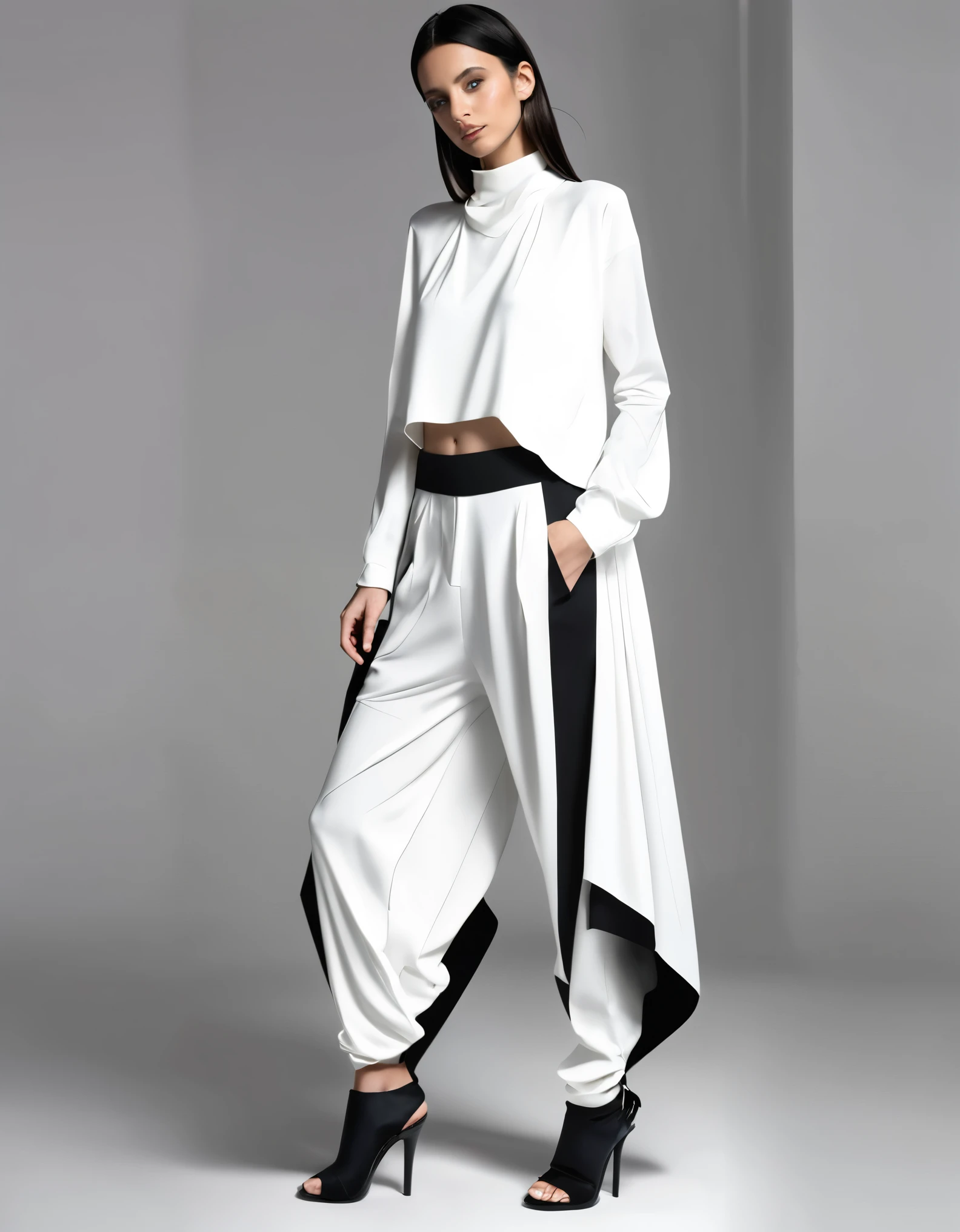 (nsfw:1.2), masterpiece, Best Quality, digital art, Generate an image of a modern and avant-garde fashion outfit. The outfit consists of a single piece that combines a loose, straight-line top and drop-crotch pants. The entire outfit is predominantly white.
The top features a simple crew neckline and falls straight down from the shoulders to the ankles, creating a flowing silhouette. The pants have a distinctive drop-crotch design, with the crotch area hanging low and the legs gradually tapering down to a more fitted shape. On the right leg, there is an abstract, hand-drawn-style pattern or sketch that adds a unique artistic touch.
Around the neck, the model is wearing a long, black necklace with a large central ring and multiple thin straps hanging down, creating a strong visual contrast against the white outfit. The footwear is black platform sandals with a simple yet bold design that complements the overall modern and edgy look of the outfit.
The model is posed against a plain background, with a relaxed and confident stance, highlighting the unique silhouette and details of the outfit