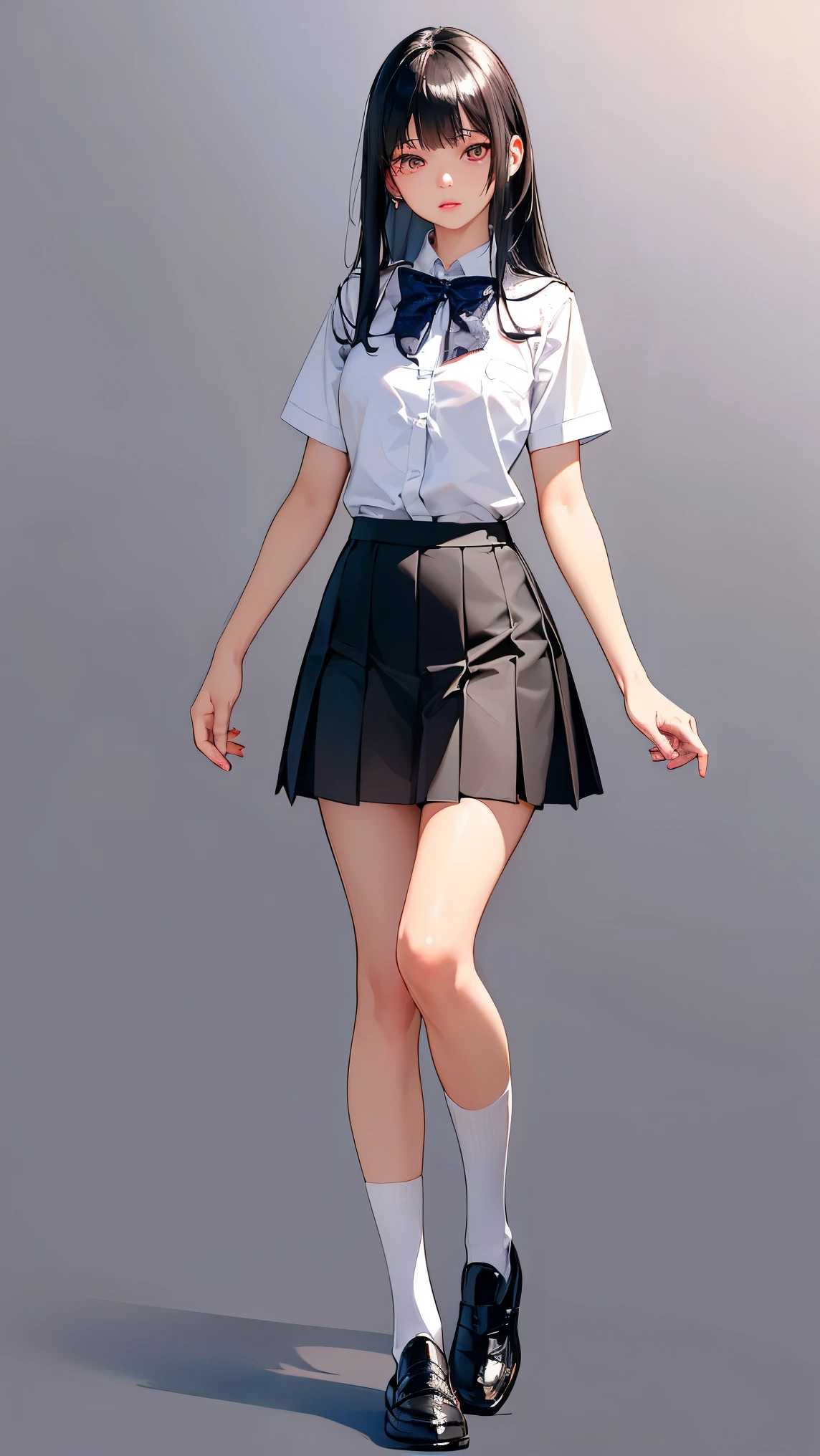 ((highest quality,4K,High resolution,masterpiece:1.2)),((Character Concept Art)), 1 female, Teenage girl, 15 year old asian beauty queen, ((shoulder-length black hair)), Black Hair, (Fair skin color), Very detailed eyes (Black eye color), Innocent, beautiful, , slim body build, ((Intricate details)), Very finely crafted needles, Very finely crafted fingers(((10 fingers))), Wear a white short-sleeved school shirt with a bow tie, Gray school skirt, Knee-length school socks, Black school loafers, (Standing casually), (Full-body showcase), (Show your whole body), (No logos on background), (No logo), ((Plain background)), ((Plain background)), (((Sky Background)))
