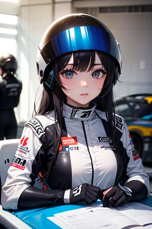 Female racing driver、Racing Suits、long hair、Helmet、