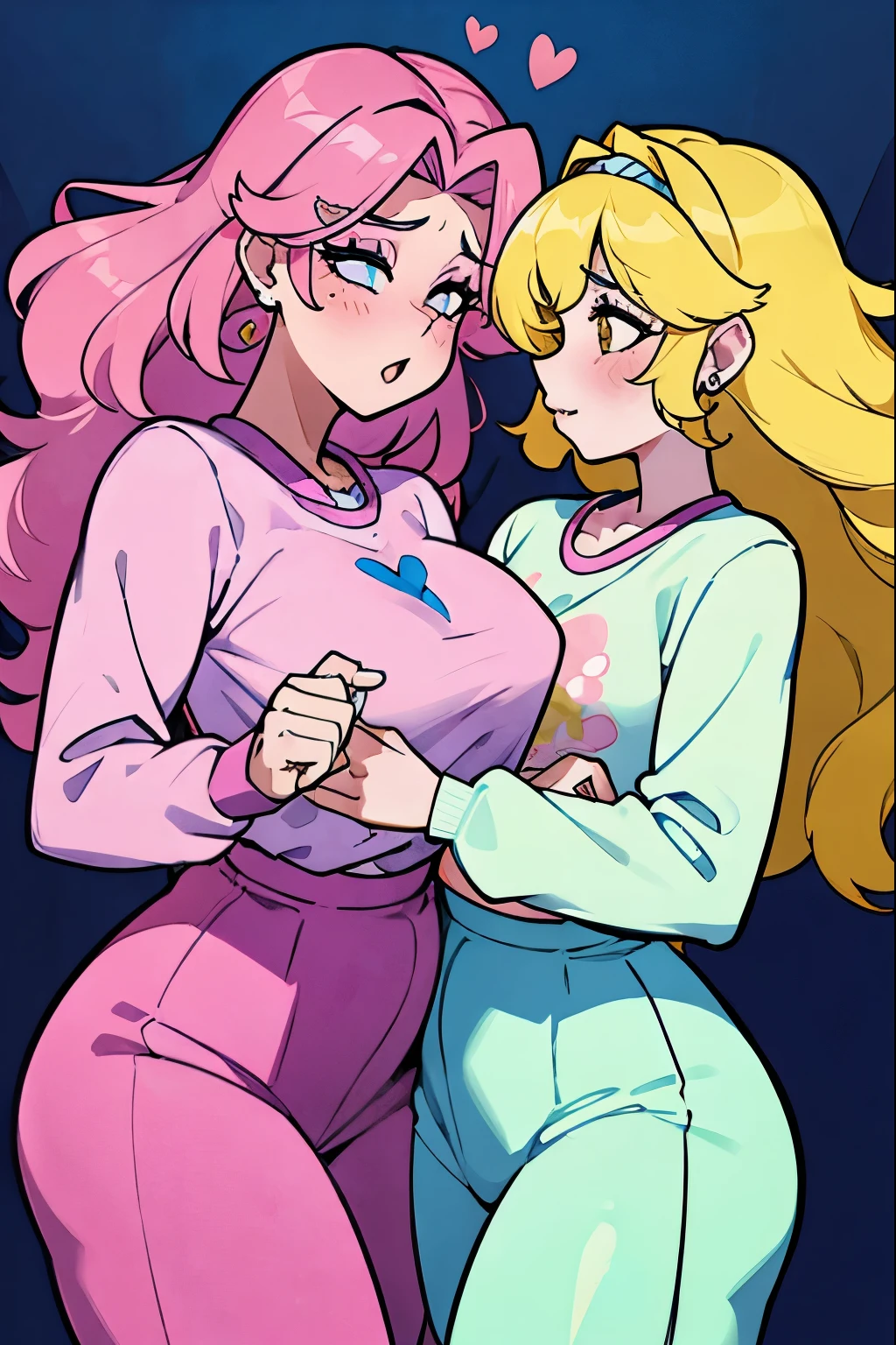 Two girlfriends, sapphic women, in love, sweet, loving, cute, pretty, opposite aesthetics, matching outfits, piercings, high quality, soft colors, natural hair colors, cute makeup, big lips, juicy, big, mature, tension, big chests, large chests, matching clothing, cuteness 