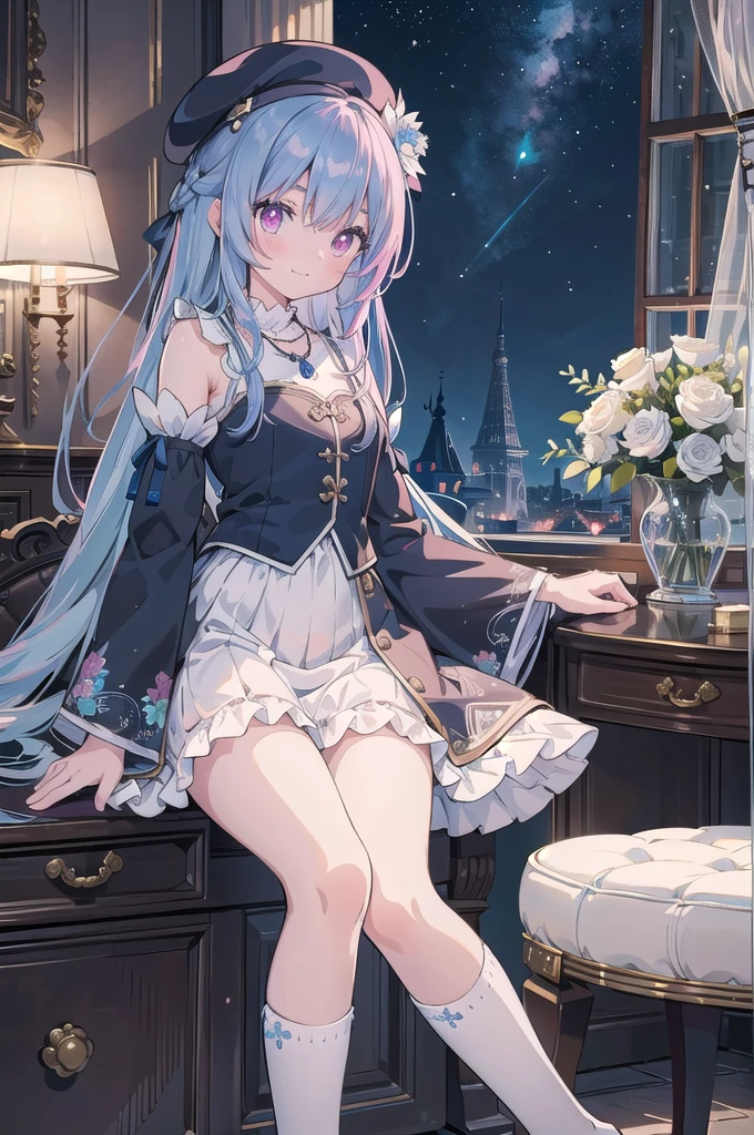 (上面figure),Dynamic Angle,Very detailed, figure, Straight, 1 girl, (Fantasy:1.4), (Pink eyes:1.233),Her eyes shone like dream-like stars,(Glowing Eyes:1.233),(Beautiful and delicate eyes:1.1),(Pink Hair:1.14),(Messy Hair,Very long hair,French Braid,Hair between the eyes,Side Lock), (+(Blue Hair Flower:1.14)),(Chiffon dress,Blue floral pattern)/=(uniform:1.24),(Do not sleeve,Wide sleeves),(gloves),necklace,(Micony high socks),High heel boots,(Embarrassed),(Persistence), (Located in a white old palace、Classic princess boudoir with dressing table and French windows),(White flower,bloom),(Dull Blue World Tree:1.14),(Remains),(night:1.2),dream-like,soul,(fluorescence), [[Thin fingers and hands:0.55]::0.85],(Finger details),(Soup packets:0.5)、beret、Lady、18-year-old、Big Breastasterpiece, highest quality, Ultra-detailed, Beautiful lighting, Beautiful views, Mild hot flashes, smile, ((masterpiece)), (anime:1.5), ((highest quality)), (RAW Photos: 1.2), (Professional photography:1.2), whole body, 8k, From the side, Wide Shot, 