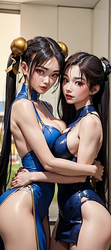 2 beautiful women(( beautiful, chun-li and mai shiranui, 18 years old, big breasts, long hair )) hugging each other wearing lingerie