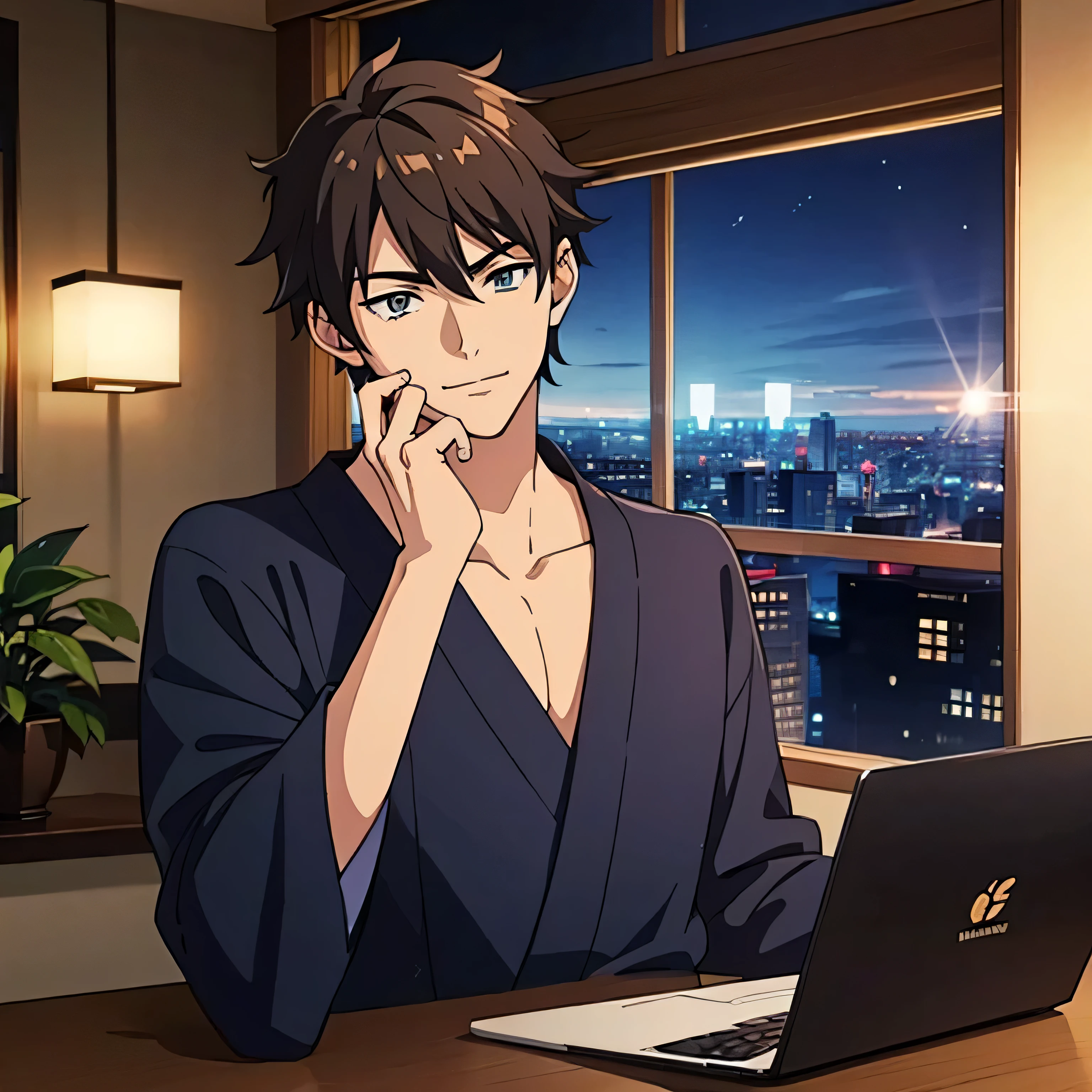 generate imate lofi, japanese anime style, , in a cafe, stunning interior, grand and spacious, at a corner there is a 21 year old male, very handsome, typing on the laptop computer, his eyes are directed to the computer, at night, dark, dim lighting, his hair is brown, wearing black casual clothes, he looks cocky and relaxed, large window, stunning city view from the window, very detailed face, detailed city, evil smirk, imminent sex