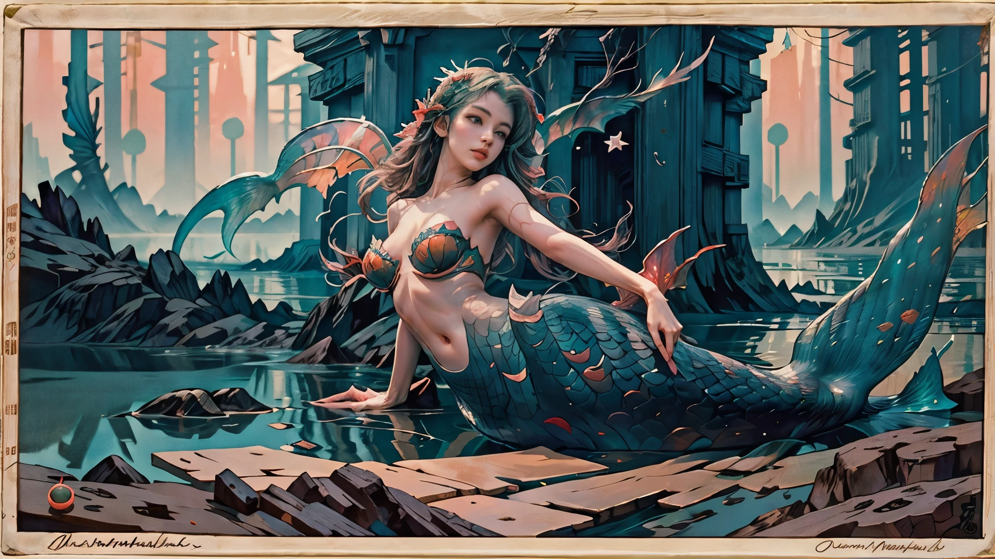 (A young and extremely beautiful mermaid:1.9)、Waterfall climbing、(Ukiyo-e:1.2)、woodblock print、otherscape、elegant、(highest quality、4k、8k、High resolution、masterpiece:1.2)、Super detailed、(Realistic、Realistic、Photorealistic:1.37)、Intricate details、Beautiful detailed eyes、Beautiful detailed lips、Highly detailed face、Long eyelashes、Flowing Hair、Graceful pose、Dramatic lighting、Warm color palette、looking at the camera、mynatalee woman