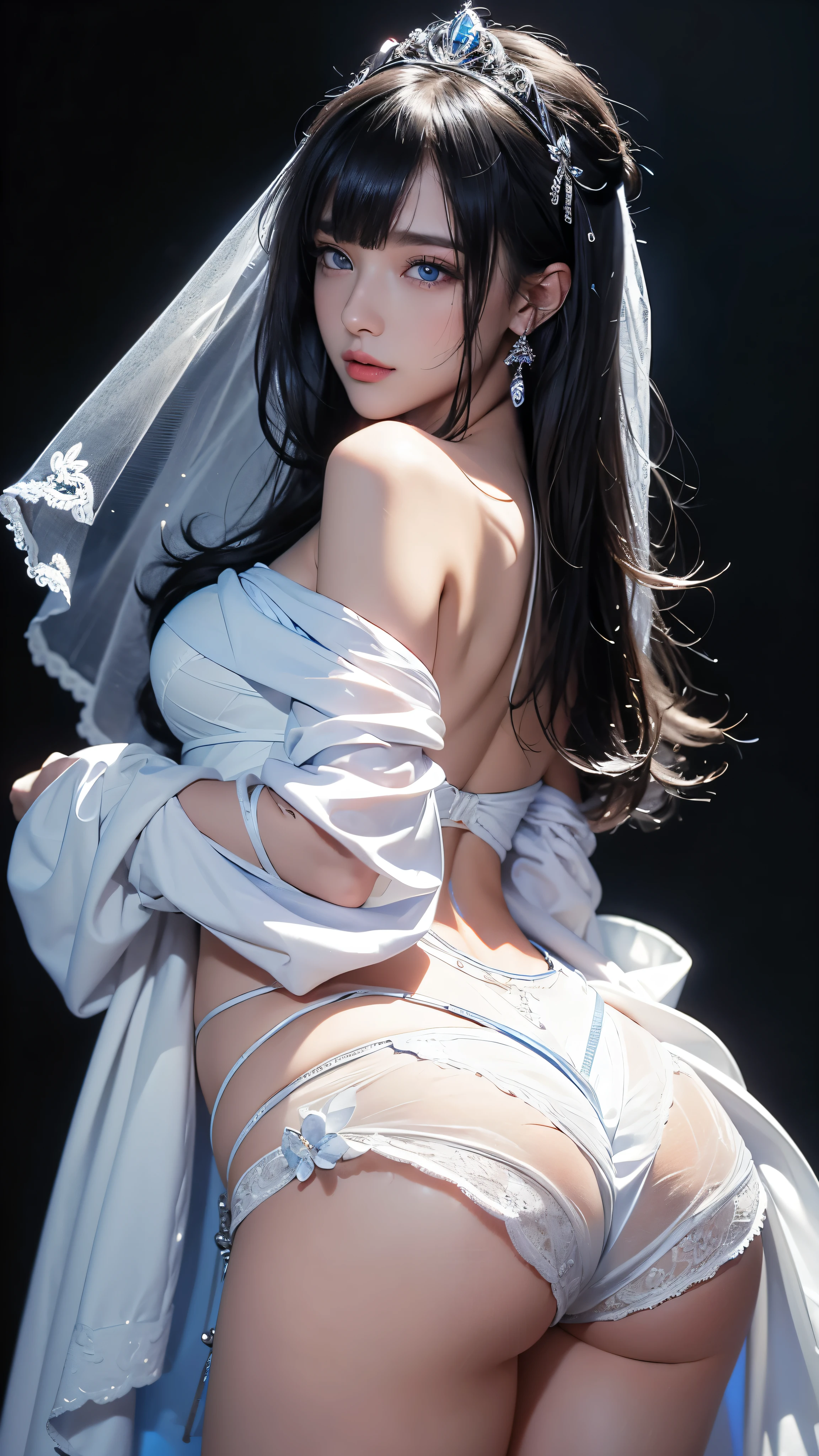masterpiece, highest quality, Super detailed, Facing the camera, Super detailed, Realistic, Sharp features, Very detailed, Sharp focus, Perfect Face, Perfect Face, Perfect symmetrical perfect eyes, Perfect Plump Lips, Flexible female form, Cinematic, Film Light, Super detailed, hyper Realistic, masterpiece, Atmospheric, High resolution, Vibrant, Dynamic Studio Lighting, ((Dark Background)), The expression when enduring pleasure, Straight bangs, blue eyes,Cowboy Shot,Sexually aroused expression、A white off-the-shoulder wedding dress with a wide open back and a little bit of her buttocks showing、Her black thong shorts are visible through the fabric、tiara、Buckshot、Small breasts