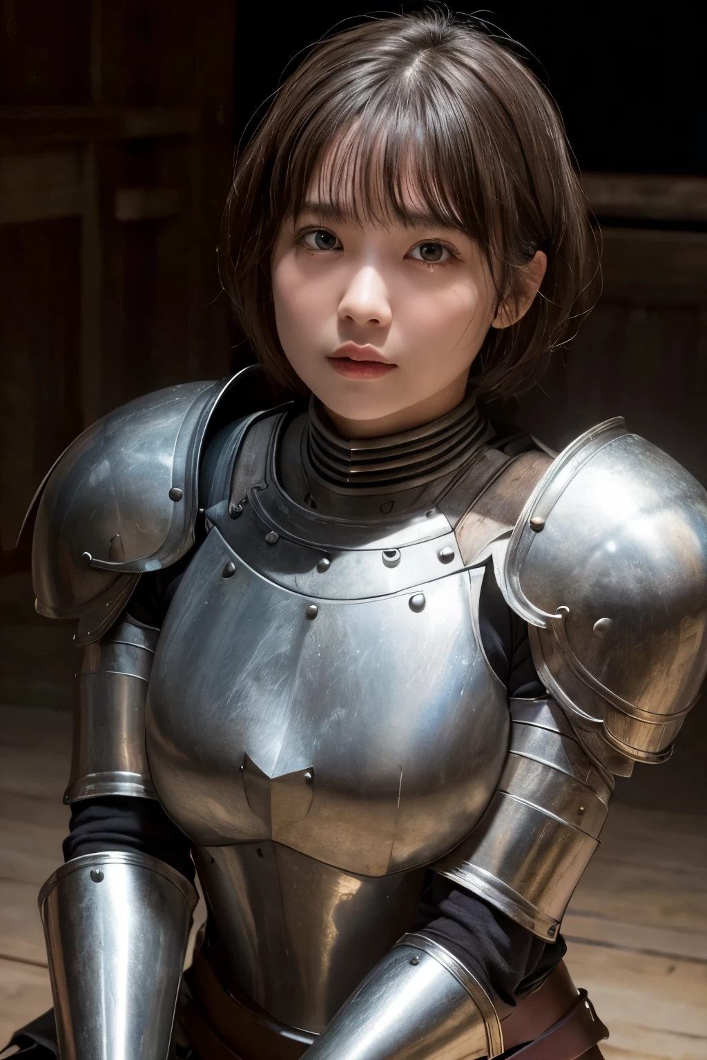 highest quality, masterpiece, Ultra-high resolution, (Reality: 1.4), Original photo, 1 woman, mature, short hair, plump body, , Cinema Lighting, from below,Medieval warrior、Armor with an open chest、Iron Armor、(all fours)、Aroused expression