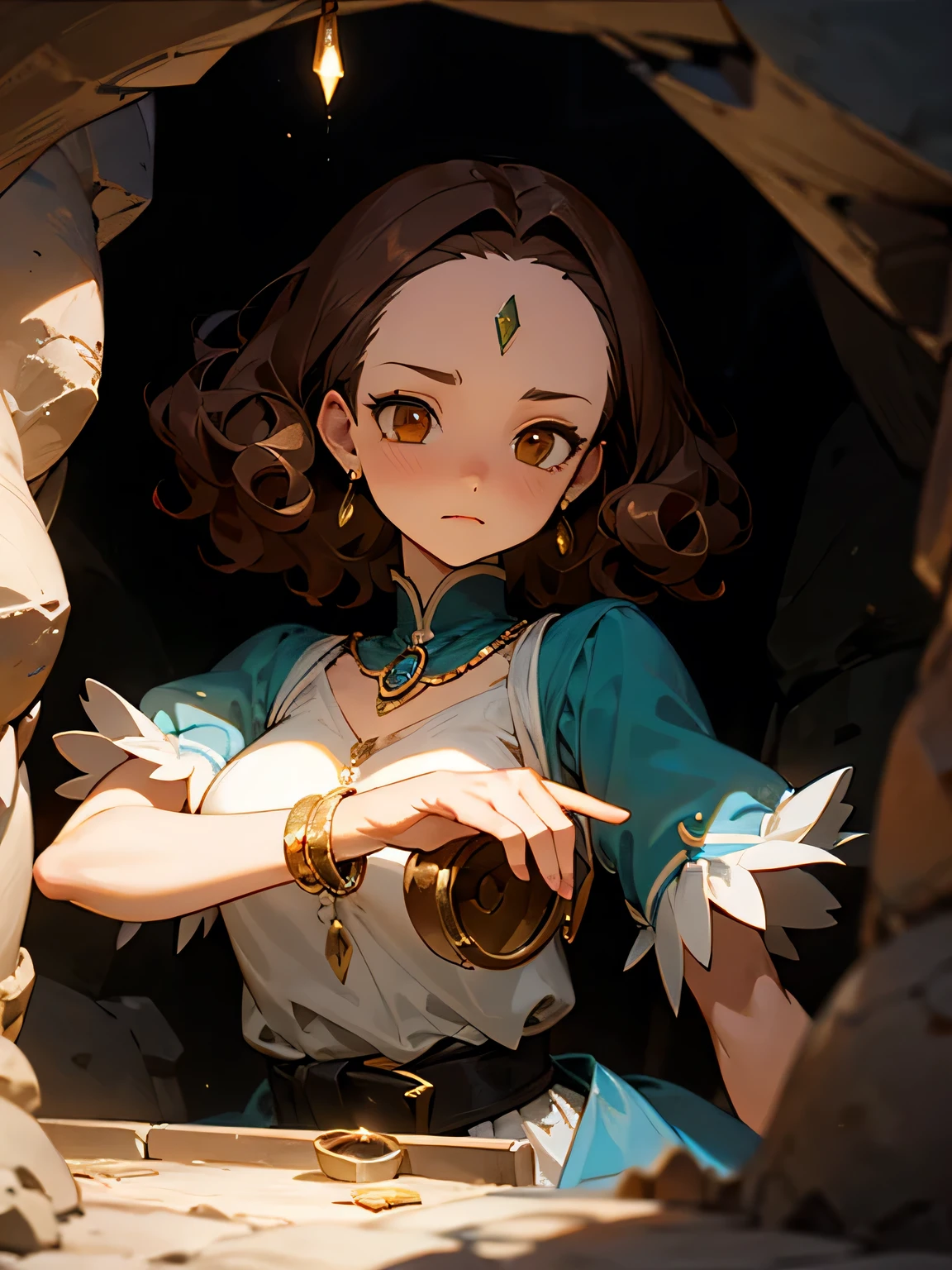 solo, upperbody, person who protects the treasure chest, cave, lights, full of jewels, jewels embedded in the wall, big forehead, brown curly hair, Alice's clothes,