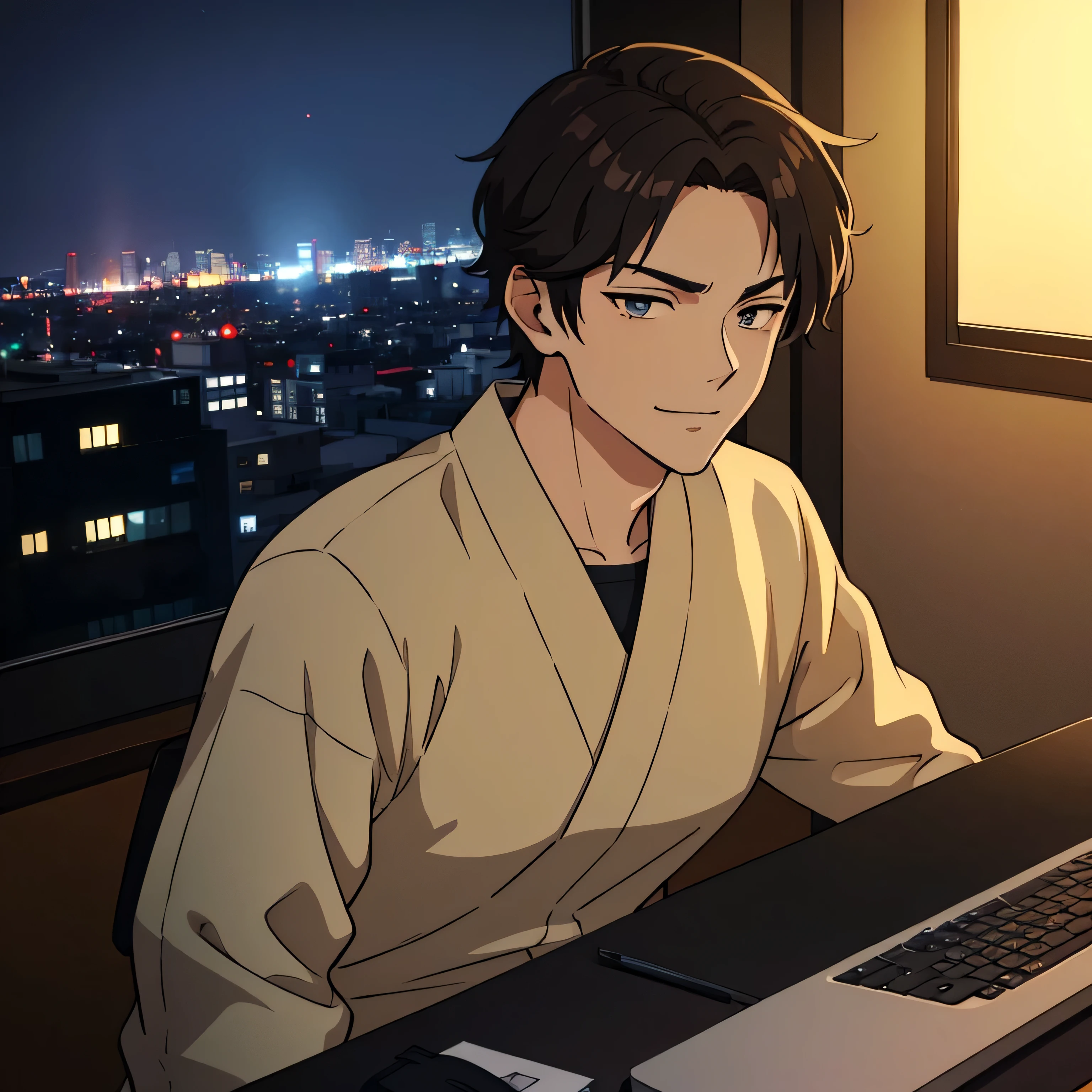 generate imate lofi, japanese anime style, in a high rise apartment, stunning interior, grand and spacious, at a corner there is a 21 year old male, very handsome, typing on the laptop computer, his eyes are directed to the computer, at night, dark, intimate lighting, his hair is brown, wearing black casual clothes, he looks cocky and relaxed, large single window, stunning city view from the window, very detailed face, detailed city, evil smirk, imminent sex, dark black hue