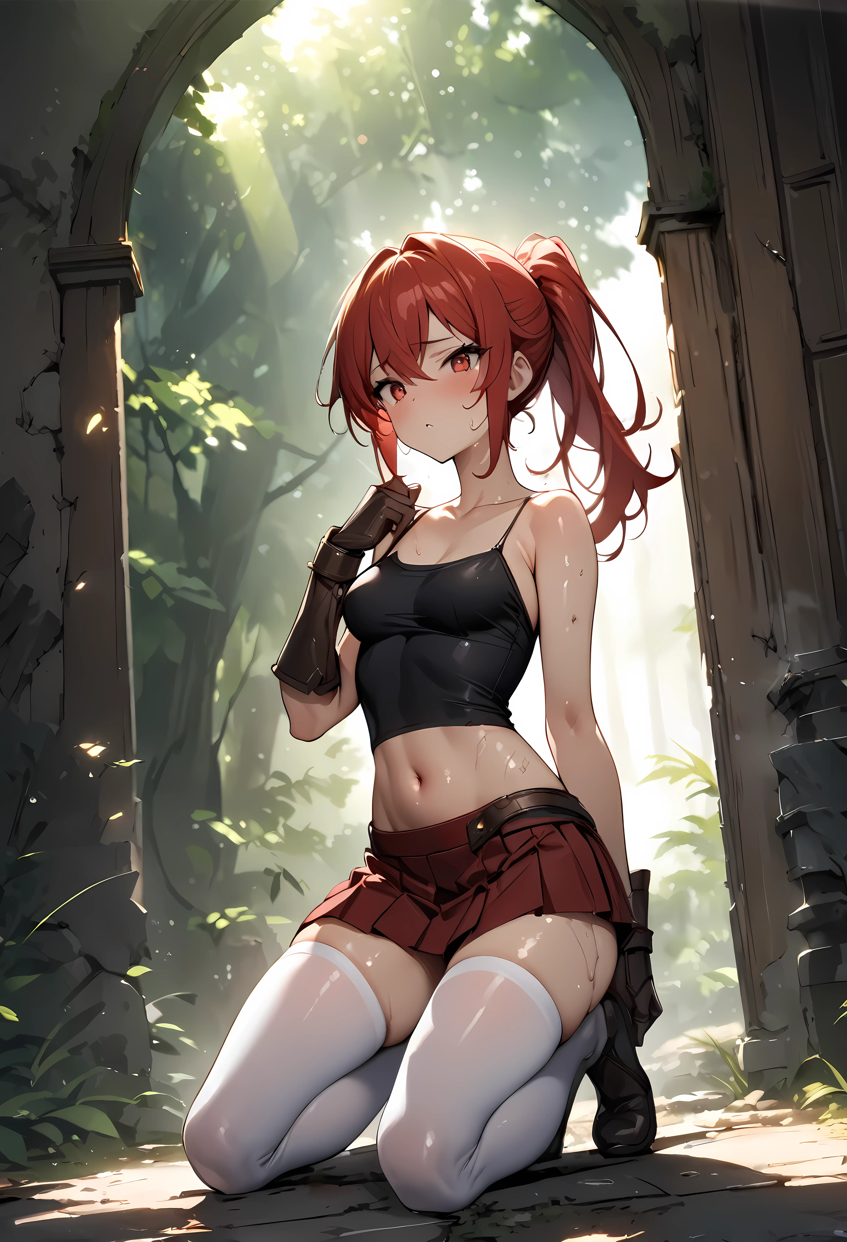 ((masterpiece, highest quality:1.3)),Thief、cowboy shot,25 year old beauty,solo,((very small head)),red hair,ponytail hair,long hair,red eyes,blunt,skinny,medium breasts,((long body)),slender body,skinny,shiny skin,oily skin,Pain、(Tight black camisole、Crop length)、navel、Short sleeve、Brown Leather Gauntlets、Pleated red mini skirt、white_thighhighs、Injury、trap、kneeling,Breaking into a large mansion、Old big mansion、forest、Sunlight filtering through the trees、