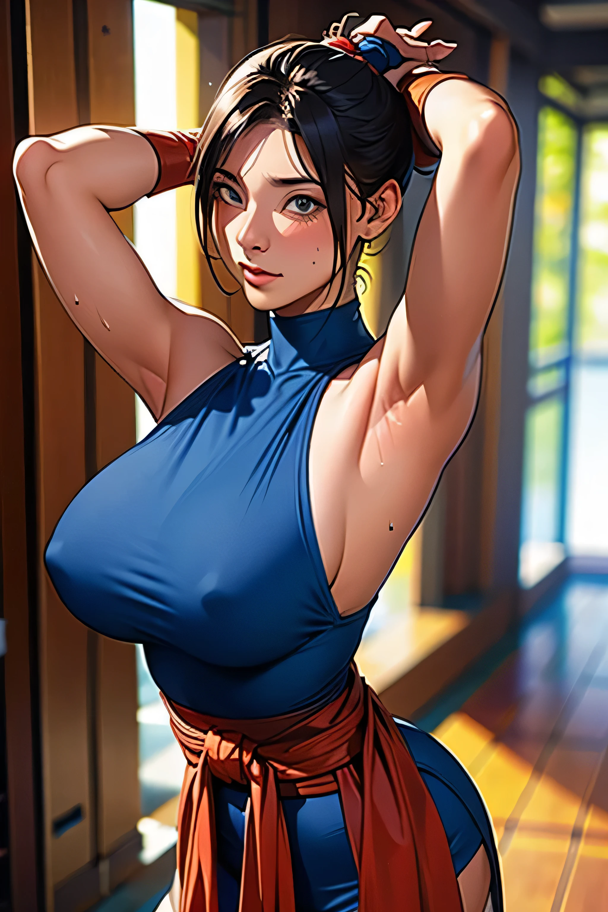 (masterpiece), (highest quality), (Super Detail), (Disheveled Hair), (shape), (One Girl), (whole body), (Stylishly decorated ninja costume), Leather Armlets, night、Standing in the hallway, The moonlight shining from behind her、Her body glows as if surrounded by an aura..., Dagger on hip, Japan with a sword on your back, Holding a kunai in the hand, Preparing to attack,arms up,armpits, armpits,sweat,sweaty,sweaty armpits,awesome armpits,sweating ,sleeveless,exhausted,tired, wearing arm bands,arms raised,very tired,sweating,arms raised,both arms raised,sweaty,red arm warmers,red arm bands,bluish black mask