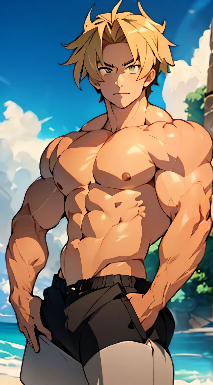 4K, high resolution, Best quality, Masterpiece, perfect colors, perfectly shaded, Perfect lighting, posted on e621, (by Chunie), anthro, ((Portrait)), ((Handsome man)), perfect male figure, short detailed hair,Wear men's shorts,Abusculature,chest muscle,Abs,Naked upper body,Detailed face, Perfect face, (The stands up), Detailed background, ((Bonifasko lighting)), (Detailed eyes), perfect pupils,suntanned skin