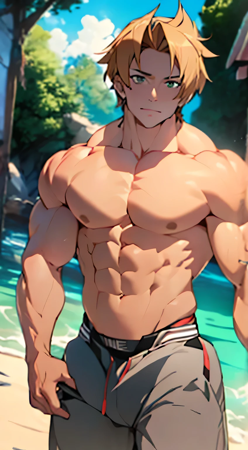 4K, high resolution, Best quality, Masterpiece, perfect colors, perfectly shaded, Perfect lighting, posted on e621, (by Chunie), anthro, ((Portrait)), ((Handsome man)), perfect male figure, short detailed hair,Wear men's shorts,Abusculature,chest muscle,Abs,Naked upper body,Detailed face, Perfect face, (The stands up), Detailed background, ((Bonifasko lighting)), (Detailed eyes), perfect pupils,suntanned skin
