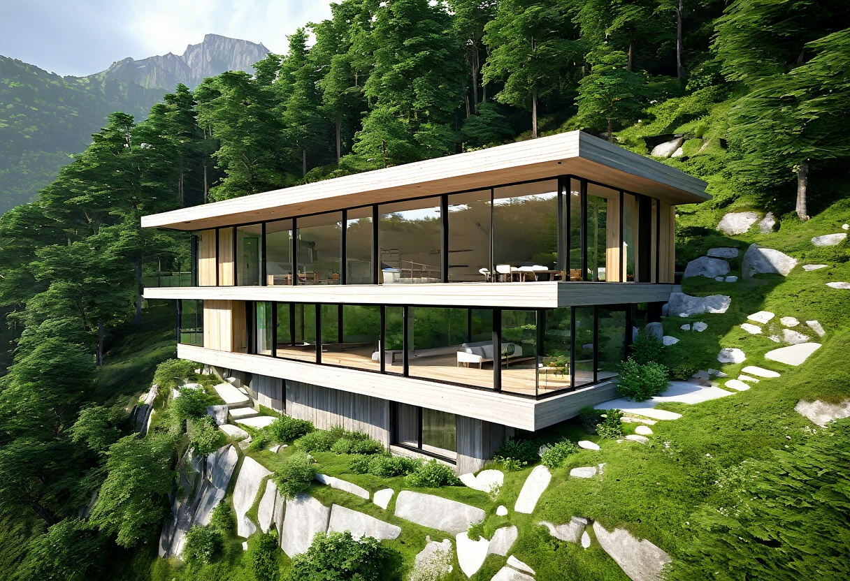 a small modern mountain house with a glass facade, single floor, minimalist architecture, large windows, surrounded by nature, wooden exterior, clean lines, panoramic view, cozy interior, sleek design, contemporary style, natural lighting, serene landscape, lush greenery, beautiful scenery, (best quality,4k,8k,highres,masterpiece:1.2),ultra-detailed,(realistic,photorealistic,photo-realistic:1.37),architecture,landscape