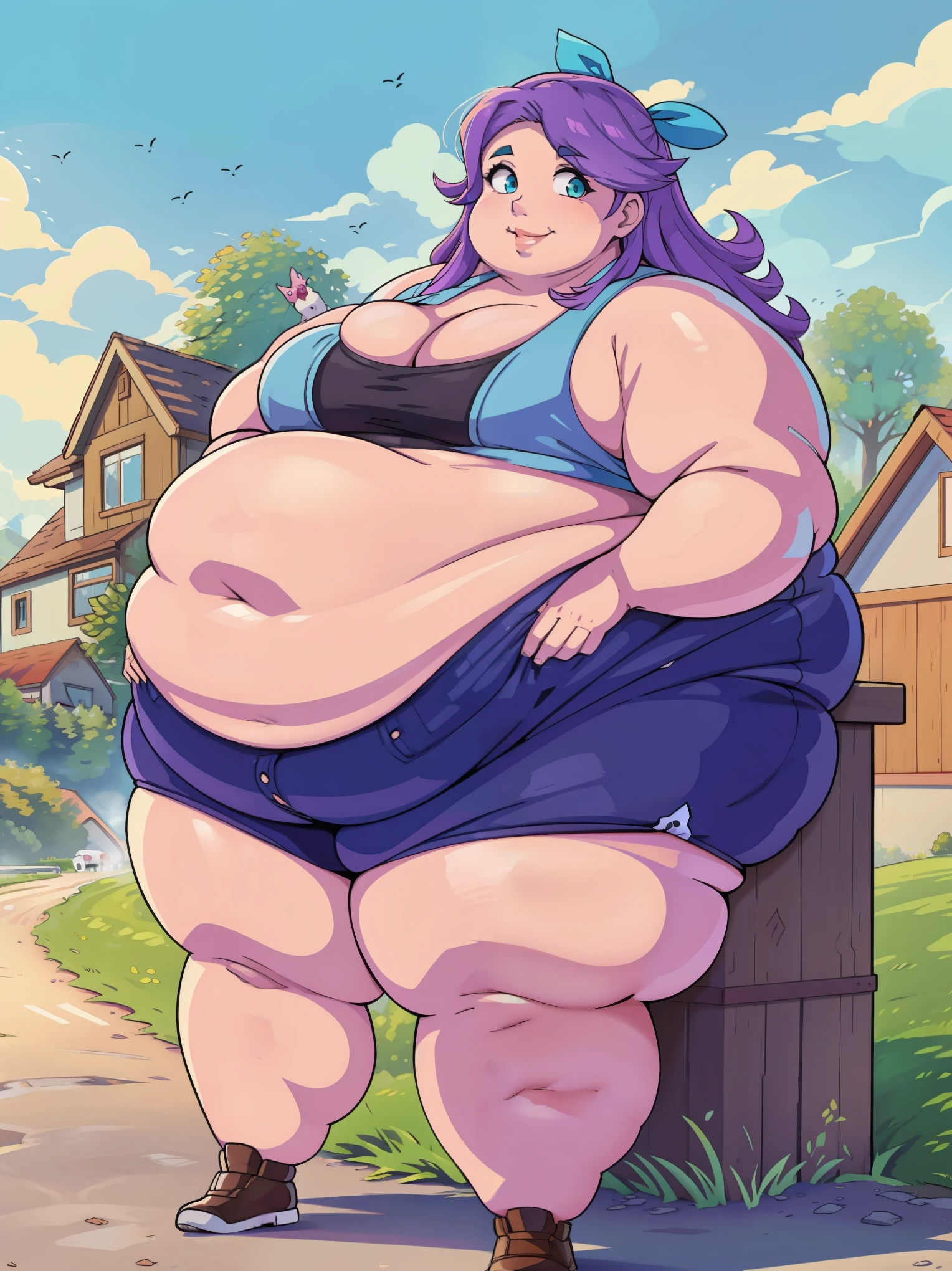 Outside, farm(Full body:1.1)Round face, double chin, fat chin, fat cheeks, fat neck, round face, SSBBW, flabby arms, round face, double chin, fat double chin, big double chin, fat neck, chubby cheeks, fat thighs, fat calves, morbidly obese, flabby , giant , large belly, obese, fat face, belly, double chin, obesity, flabby breasts, fat arms and legs, fat everything,, Smiling, looking at viewer, 1girl, casual pose, abigail,  purple hair, aqua eyes,hair ribbon, long hair,