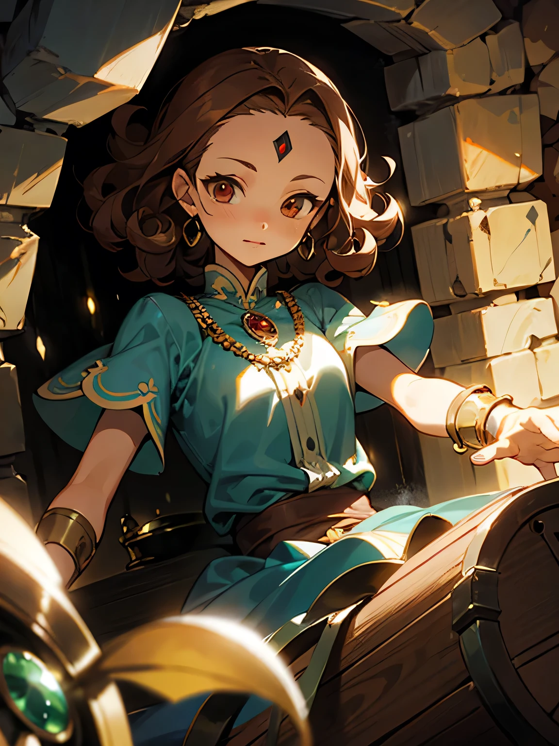 solo, upperbody, person who protects the treasure chest, cave, lights, full of jewels, jewels embedded in the wall, big forehead, brown curly hair, Alice's clothes,