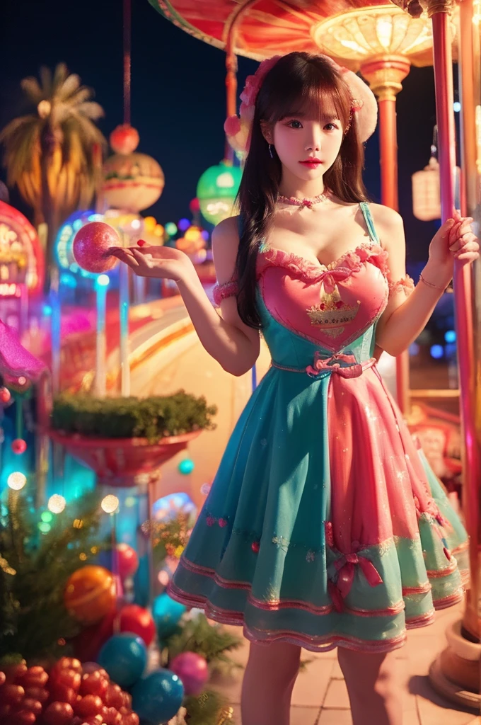 best quality, 8k, highly detailed face and skin texture, high resolution, big tits korean girl in colorfull dress stand in front of merry go round at night, under the light, full body, sharp focus