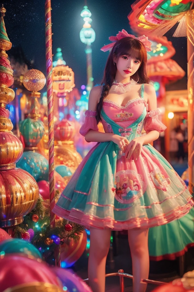 best quality, 8k, highly detailed face and skin texture, high resolution, big tits korean girl in colorfull dress stand in front of merry go round at night, under the light, full body, sharp focus