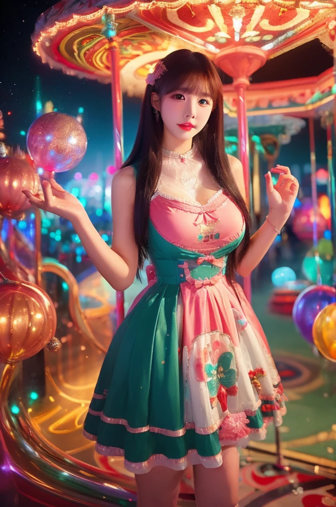 best quality, 8k, highly detailed face and skin texture, high resolution, big tits korean girl in colorfull dress stand in front of merry go round at night, under the light, full body, sharp focus