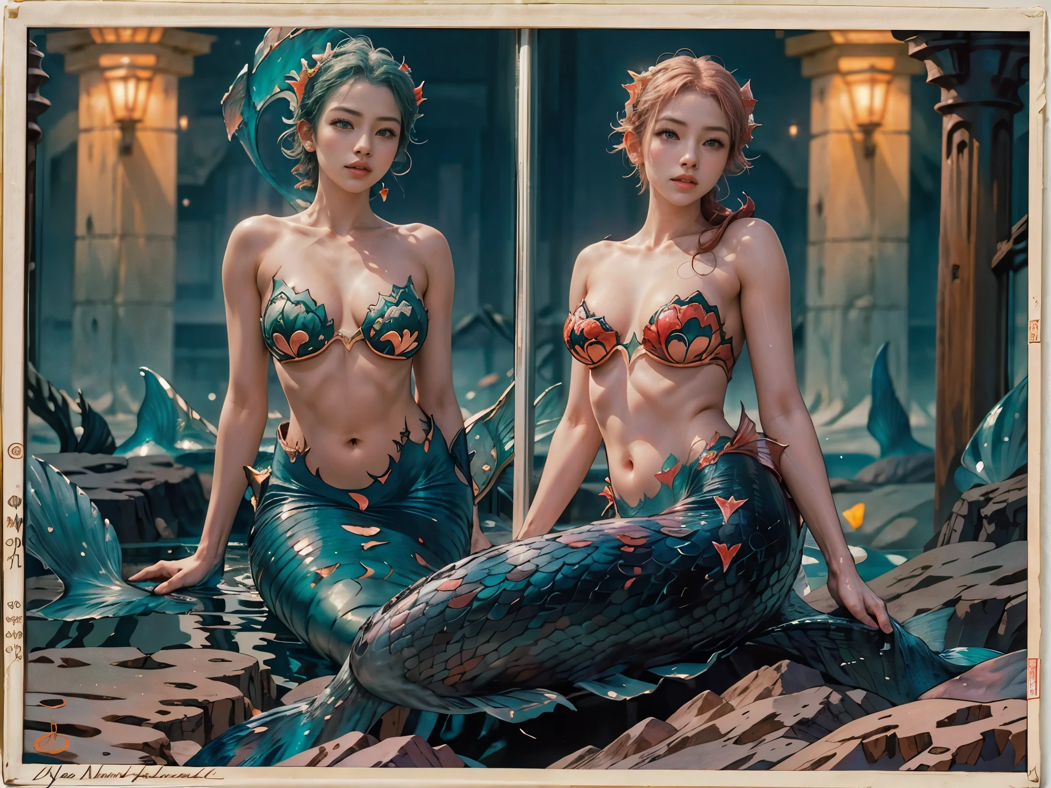 (A young and extremely beautiful mermaid:1.9)、Waterfall climbing、(Ukiyo-e:1.2)、woodblock print、otherscape、elegant、(highest quality、4k、8k、High resolution、masterpiece:1.2)、Super detailed、(Realistic、Realistic、Photorealistic:1.37)、Intricate details、Beautiful detailed eyes、Beautiful detailed lips、Highly detailed face、Long eyelashes、Flowing Hair、Graceful pose、Dramatic lighting、Warm color palette、looking at the camera、mynatalee woman