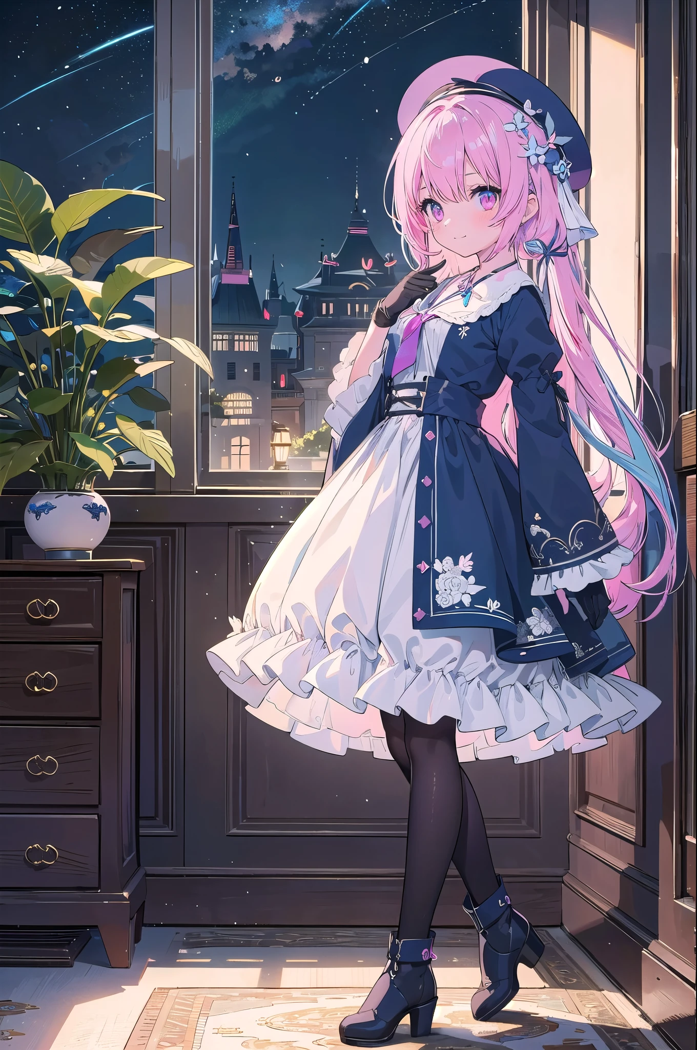 (Figure above),Dynamic Angle,Very detailed, figure, Straight, 1 girl, (Fantasy:1.4), (Pink eyes:1.233),Her eyes shone like dream-like stars,(Glowing Eyes:1.233),(Beautiful and delicate eyes:1.1),(Pink Hair:1.14),(Messy Hair,Very long hair,French Braid,Hair between the eyes,Side Lock), (+(Blue Hair Flower:1.14)),(Chiffon dress,Blue floral pattern)/=(uniform:1.24),(Do not sleeve,Wide sleeves),(gloves),necklace,(Micony high socks),High heel boots,(Embarrassed),(Persistence), (Located in a white old palace、Classic princess boudoir with dressing table and French windows),(White flower,bloom),(Dull Blue World Tree:1.14),(Remains),(night:1.2),dream-like,soul,(fluorescence), [[Thin fingers and hands:0.55]::0.85],(Finger details),(Soup packets:0.5)、beret、Lady、18-year-old、Big Breastasterpiece, highest quality, Ultra-detailed, Beautiful lighting, Beautiful views, Mild hot flashes, smile, ((masterpiece)), (anime:1.5), ((highest quality)), (RAW Photos: 1.2), (Professional photography:1.2), whole body, 8k, From the side, Wide Shot, 