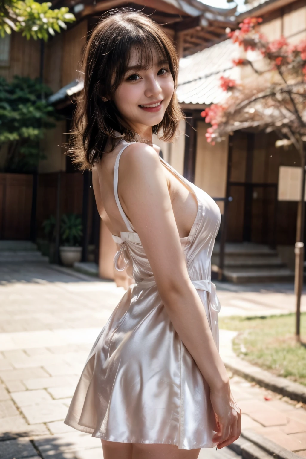 Realistic, High resolution, 1 female, Glowing Skin, alone, Wide lips,Beautiful breasts,Color Contact Lenses,Gorgeous body,Weight 40kg,round face,Silk dress,Full Body Shot,Realistic skin texture,Genuine,Detailed face,Mr.々A pose,Female college student,Young face,Idol body type,Butt,White skin,陶器のようなWhite skin,雪のようにWhite skin,short hair,Wavy Hair,18-year-old,Outdoor,smile