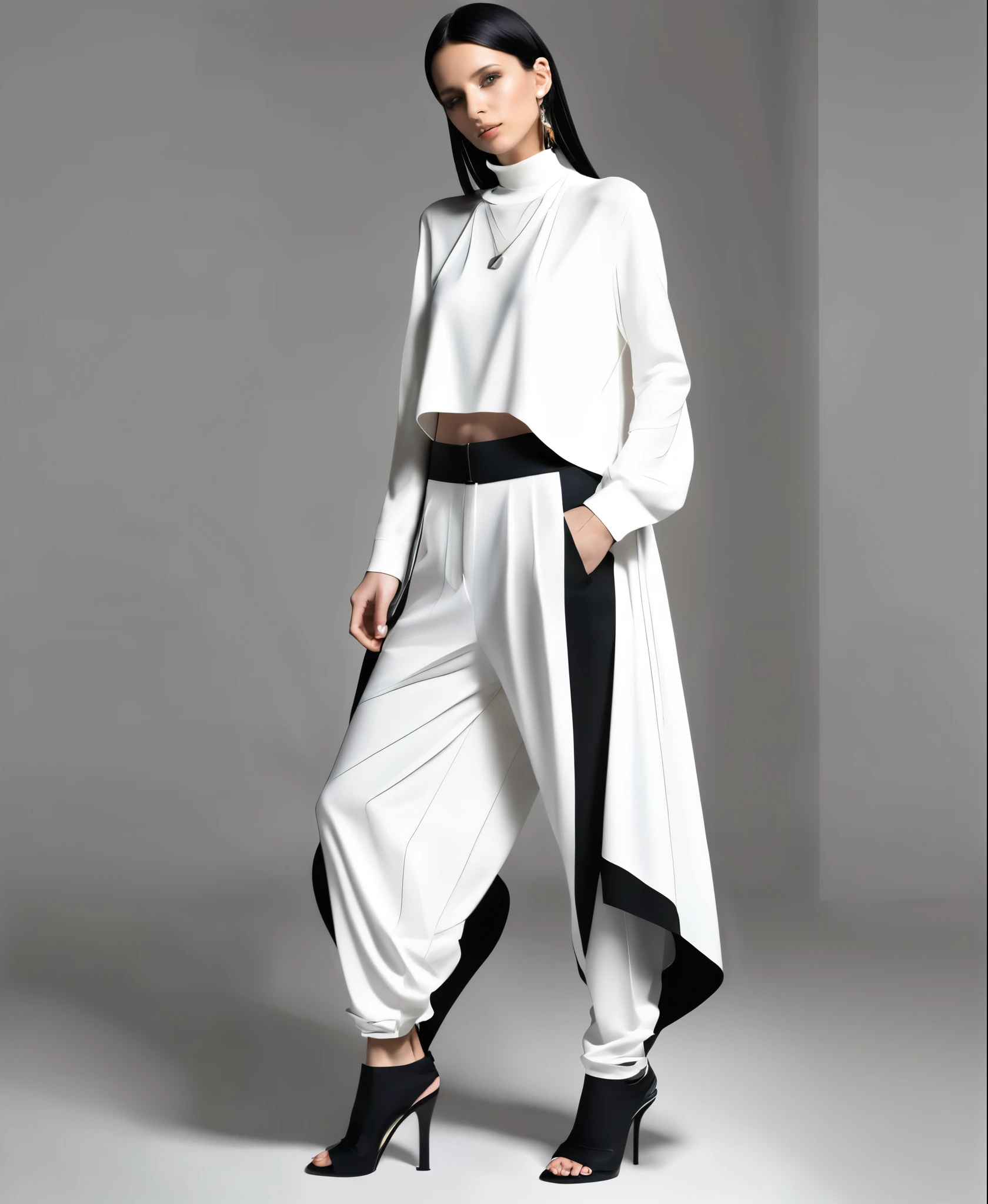 (nsfw:1.2), masterpiece, Best Quality, digital art, Generate an image of a modern and avant-garde fashion outfit. The outfit consists of a single piece that combines a loose, straight-line top and drop-crotch pants. The entire outfit is predominantly white.
The top features a simple crew neckline and falls straight down from the shoulders to the ankles, creating a flowing silhouette. The pants have a distinctive drop-crotch design, with the crotch area hanging low and the legs gradually tapering down to a more fitted shape. On the right leg, there is an abstract, hand-drawn-style pattern or sketch that adds a unique artistic touch.
Around the neck, the model is wearing a long, black necklace with a large central ring and multiple thin straps hanging down, creating a strong visual contrast against the white outfit. The footwear is black platform sandals with a simple yet bold design that complements the overall modern and edgy look of the outfit.
The model is posed against a plain background, with a relaxed and confident stance, highlighting the unique silhouette and details of the outfit