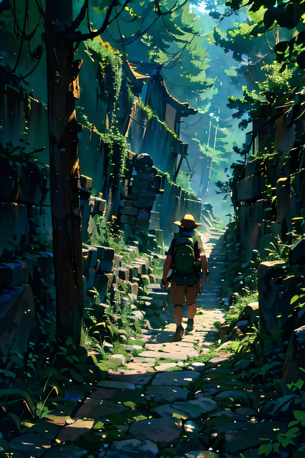 A rugged mountain trail winds its way up a steep slope, disappearing into a dense forest canopy. Sunlight filters through the leaves, dappling the path with patches of golden light. A hiker, clad in sturdy boots and a backpack, pauses midway, gazing out at the breathtaking vista below. The distant peaks are shrouded in mist, hinting at the challenges and adventures yet to come. In the hiker's hand is a weathered map, marked with trails yet to be explored and destinations waiting to be discovered.