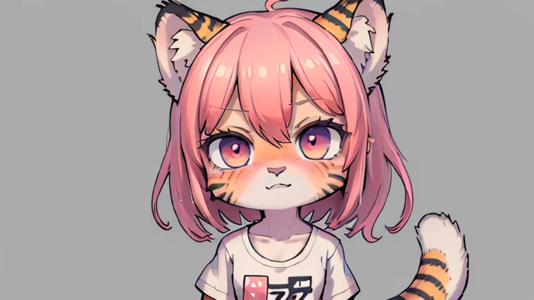 (obra maestra, Alta calidad, mejor calidad, 8K, high resolution), ((estilo chibii, Chibi lindo)), (solo, 1 girl), {Tiger Girl, cara de tigre, 2 colmillos, long eyelashes, delineador de ojos} {bigotes de tigre}, (((Piel de tigre por todo el cuerpo., Rayas de tigre en el cuerpo.))), (pelo naranja), cabello corto, Pinza para el cabello, [[Pinza para el cabello white flower on hair]], ((Muy feliz)), ((boca abierta)), ojos naranjas, [pupilas negras], ((buscando)), (very small breasts), brazos delgados, (un brazo arriba, un brazo hacia abajo), axilas, ((mini camiseta rosa, camiseta rosa completa)), {shorts blancos}, {{{mini cola de tigre, Cola en la espalda}}}, (cuerpo completo), (((de pie, jump angle))), dynamic pose, Fondo blanco, fondo sencillo, ((((Estilo Tora-chan no Hanayome)))), (old anime style 40s), estilo animado, anime color.