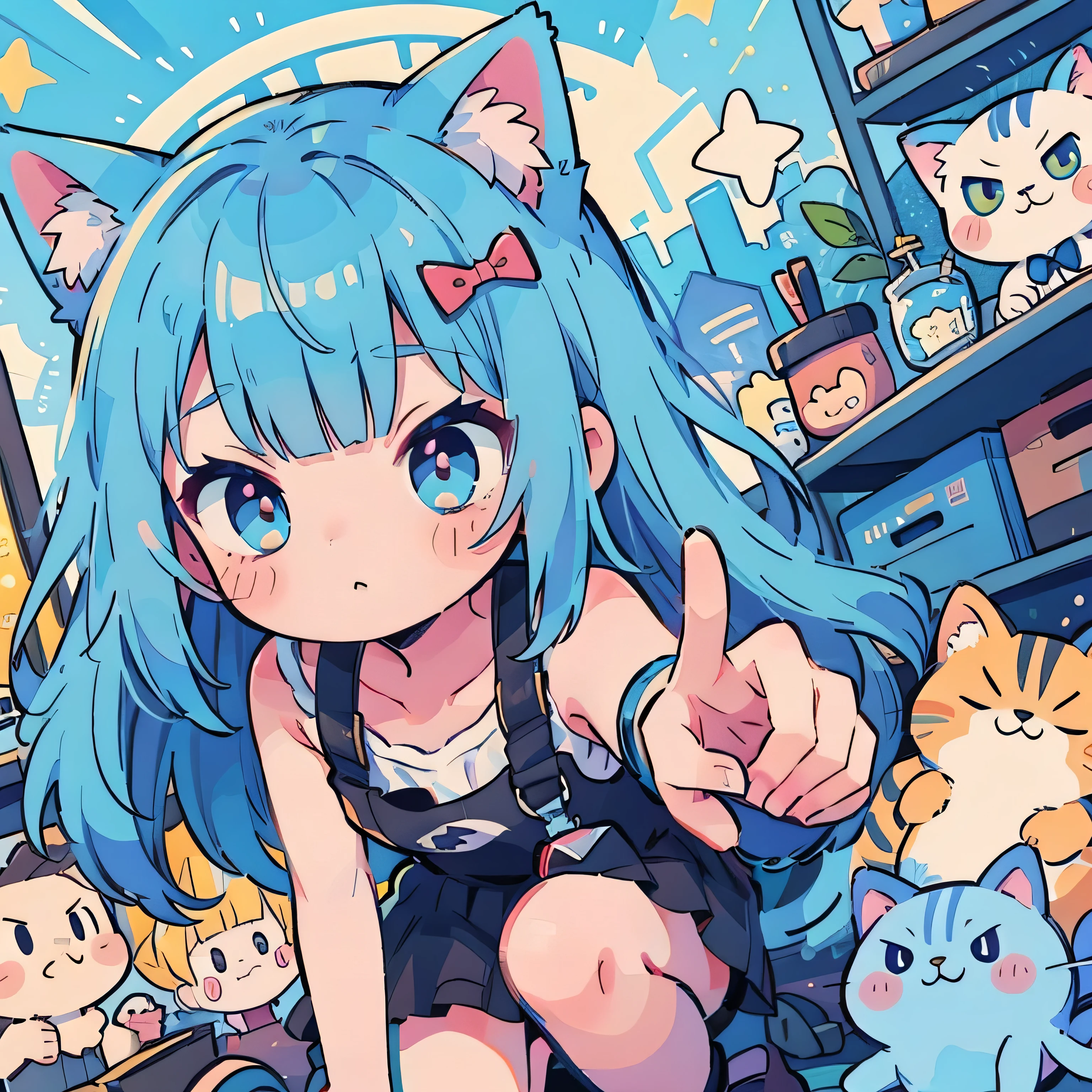 SNS icon style　Second dimension beautiful girl　Blue Hair　Cat ear　Anime style　