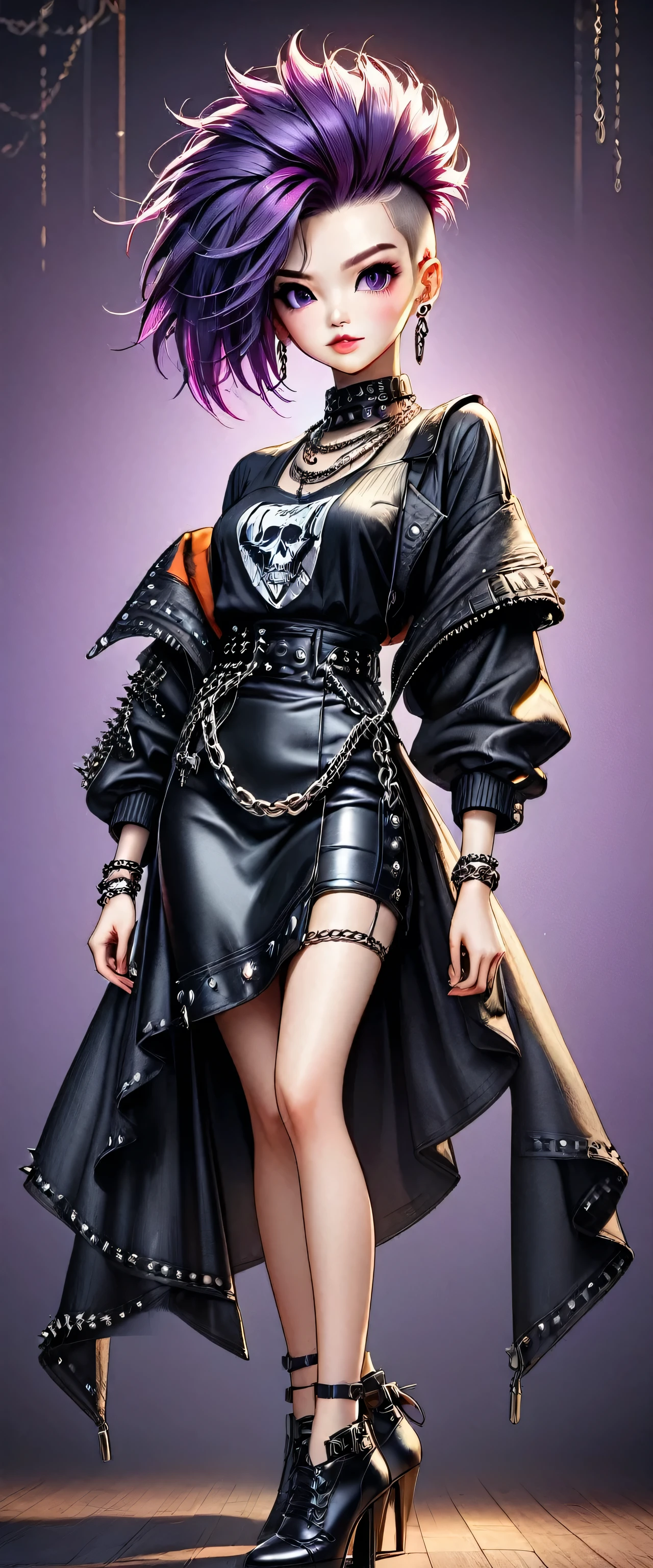 Model Girl, Professional:1.6, (highest quality,4K,8k,High resolution,masterpiece:1.2),Ultra-detailed,Realist,Punk Style,fashion punk,((Full Body Shot:1.5,General shot:1.5)), traitor,Spiked clothing,Chain Accessories, traitor pose,Mohawk Alto,violet hair,flashy,Nervous background,Studio Lighting,Dynamic pose and elegant