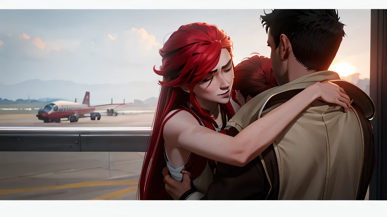 a boy and a girl with long red hair standing in airport hugging each other tightly, very realistic, ultra detailed. intimate romantic moment. beauitful. Dreamlike, best quality, 4k highres, masterpiece