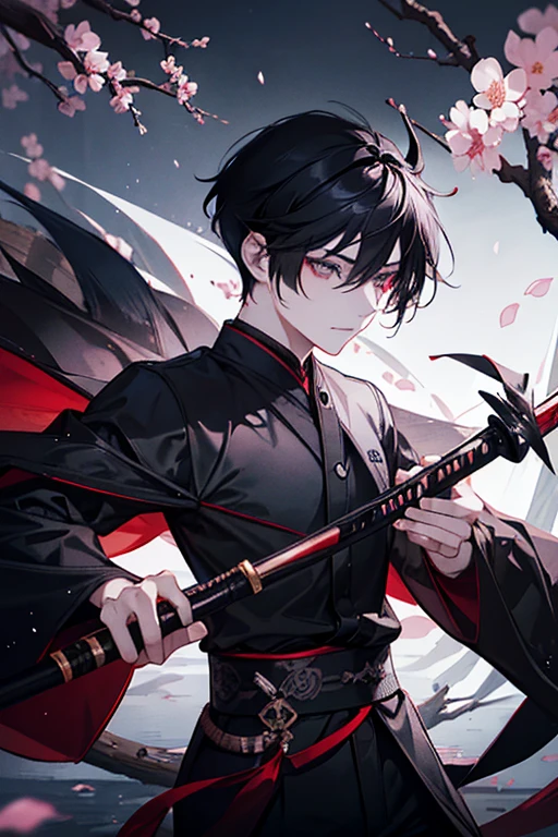 a serious-looking fox-eared man with short black hair, two fox tails, black eyes like the night, walking with two black katanas at his waist, under a moonlit cherry blossom tree, high quality, detailed eyes, black katana blade with red handle details